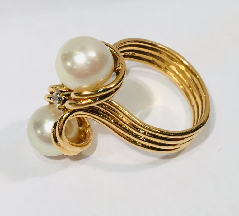 Elegant Custom 18 Karat Yellow Gold Double White Pearls and Diamond 