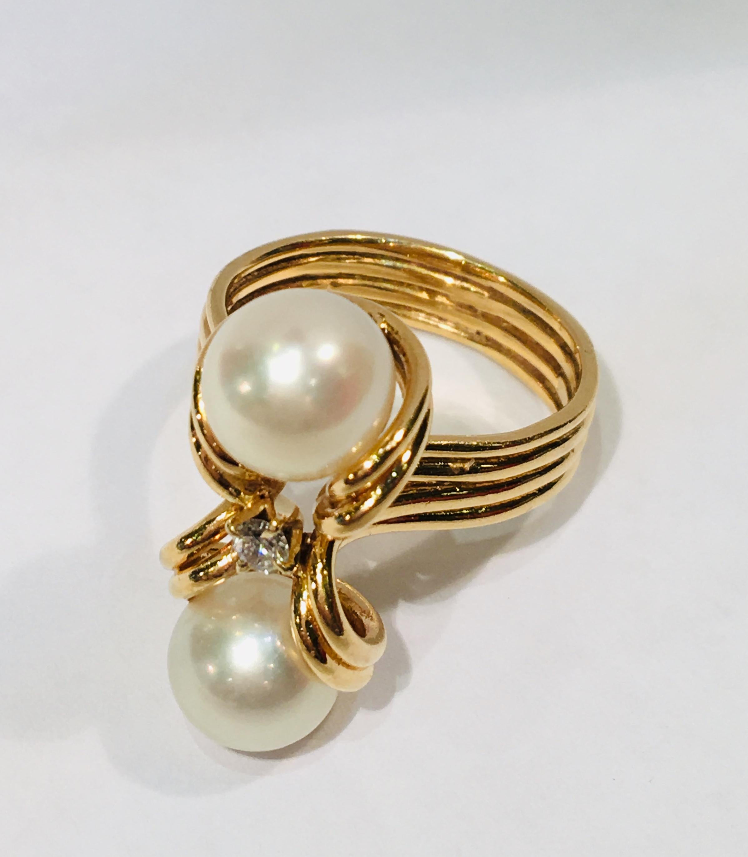 Women's Elegant Custom 18 Karat Yellow Gold Double White Pearls and Diamond 