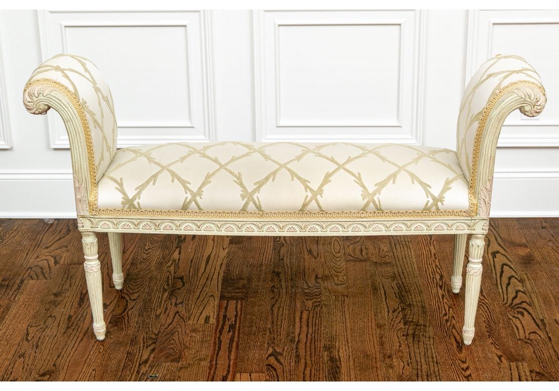 Elegant Custom High Sided Upholstered Bench With Paint Decorated Frame In Good Condition In Bridgeport, CT