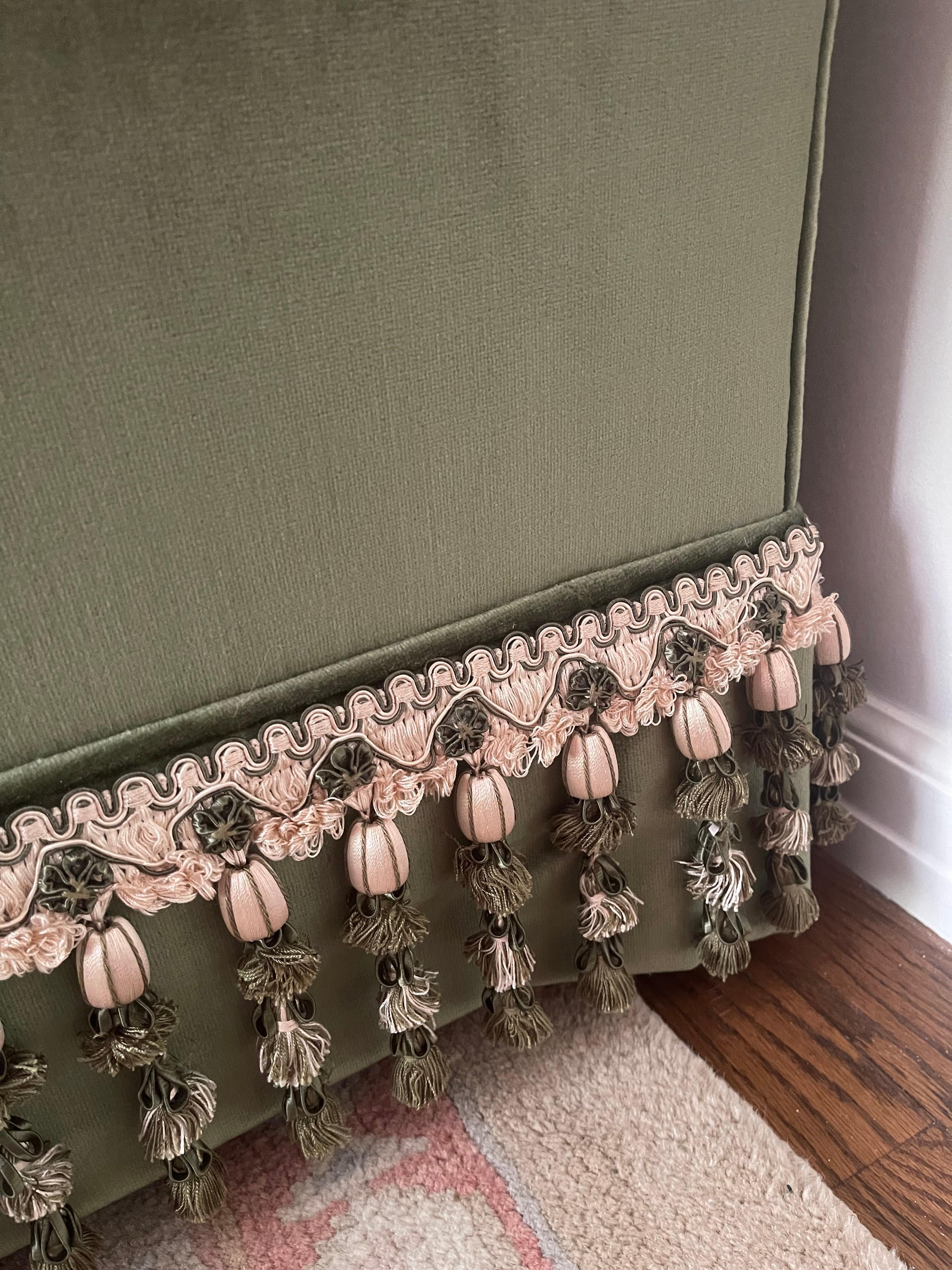 Elegant Custom Sofa Upholstered in French Sage Green Velvet & Buillon Fringe For Sale 2