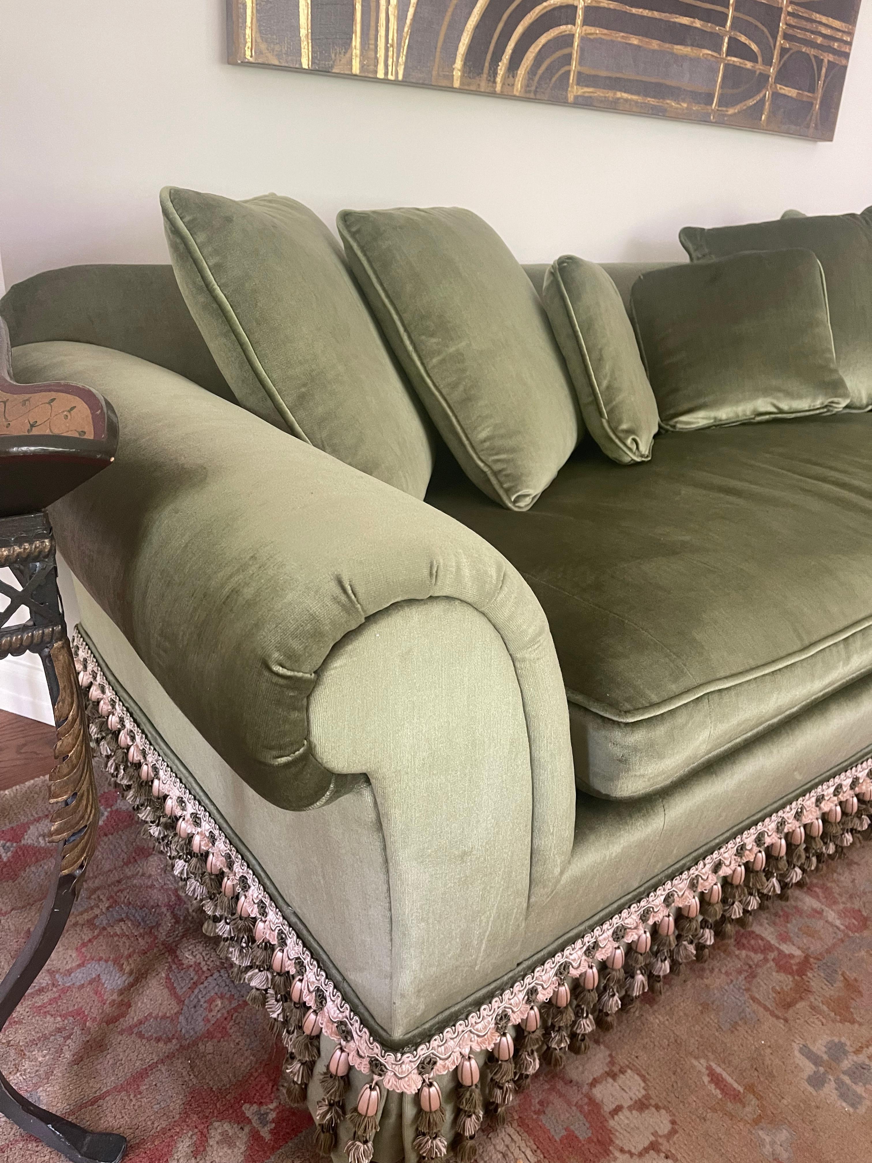 Elegant Custom Sofa Upholstered in French Sage Green Velvet and Buillon Fringe For Sale at