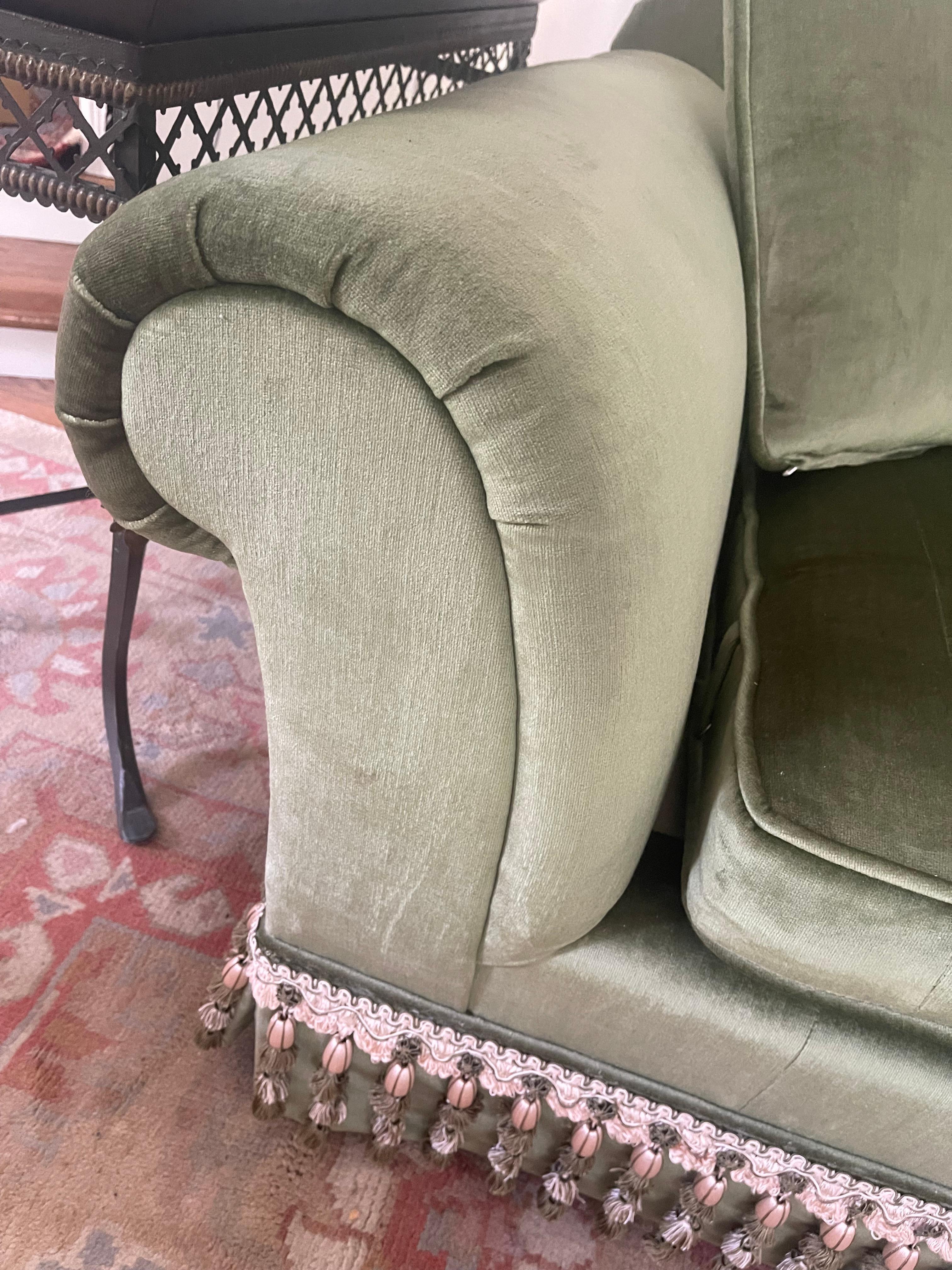 Elegant Custom Sofa Upholstered in French Sage Green Velvet & Buillon Fringe For Sale 4