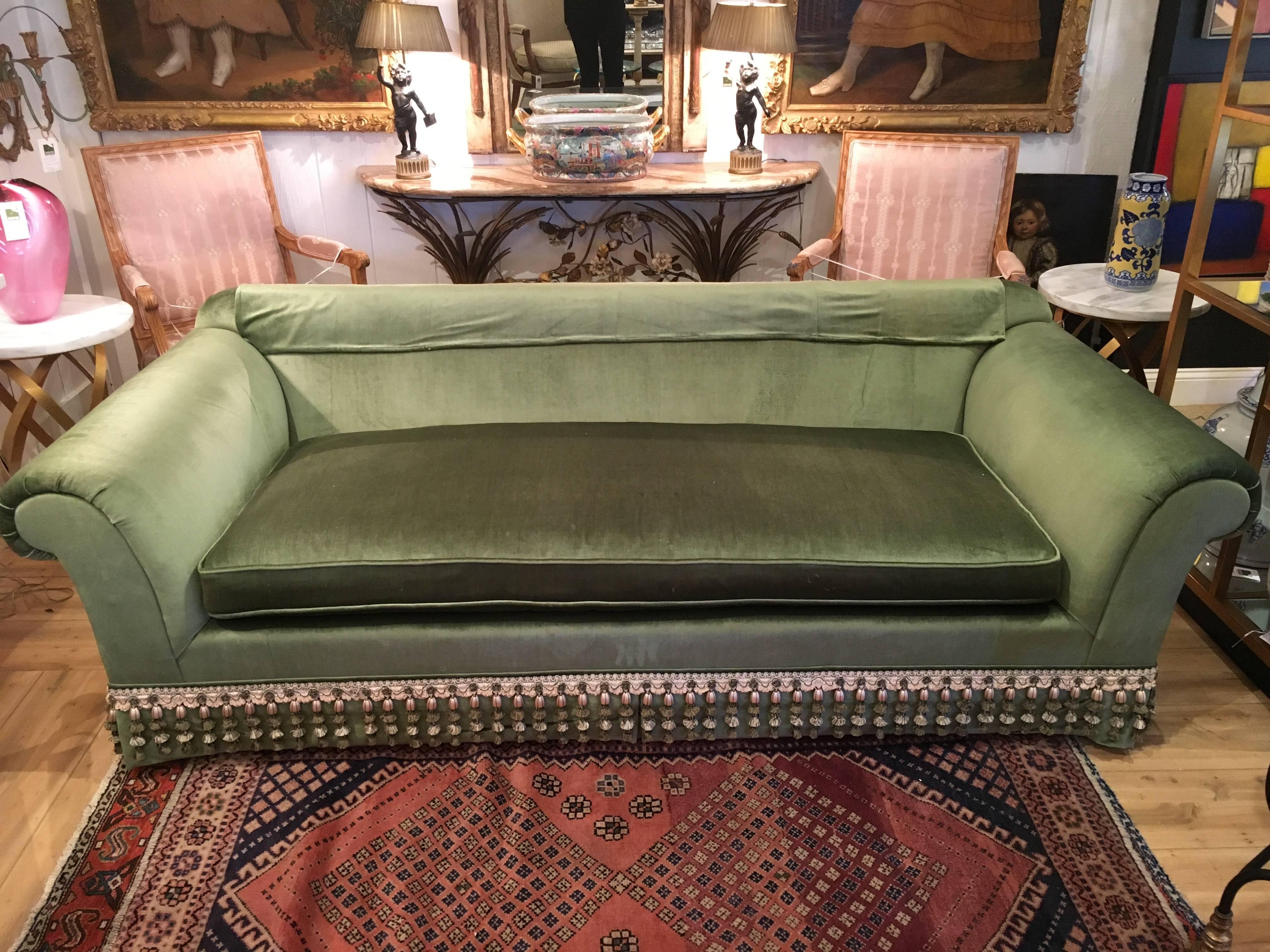 Elegant Custom Sofa Upholstered in French Sage Green Velvet & Buillon Fringe For Sale 1