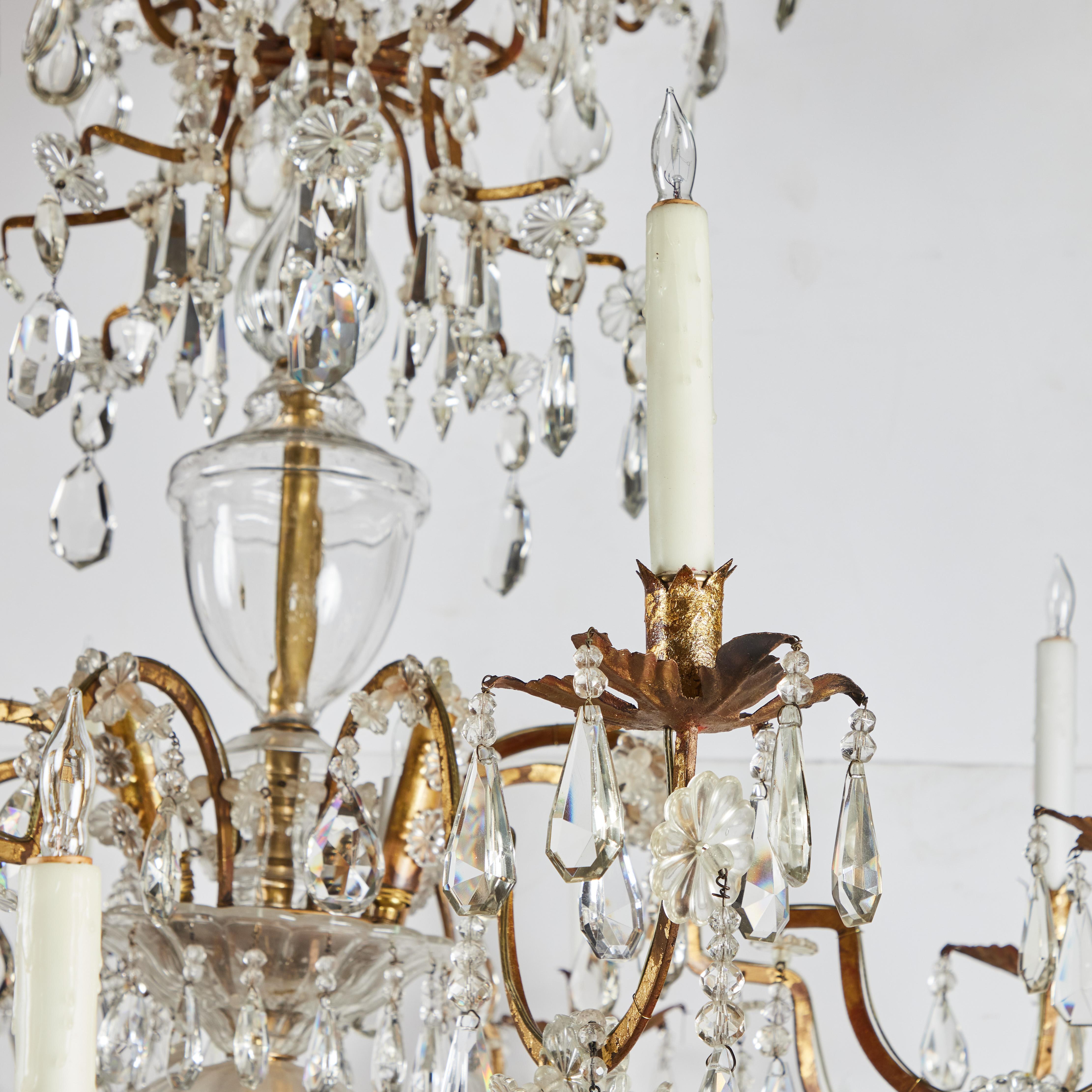 European Elegant Cut Crystal and Gilded Tole Chandelier For Sale