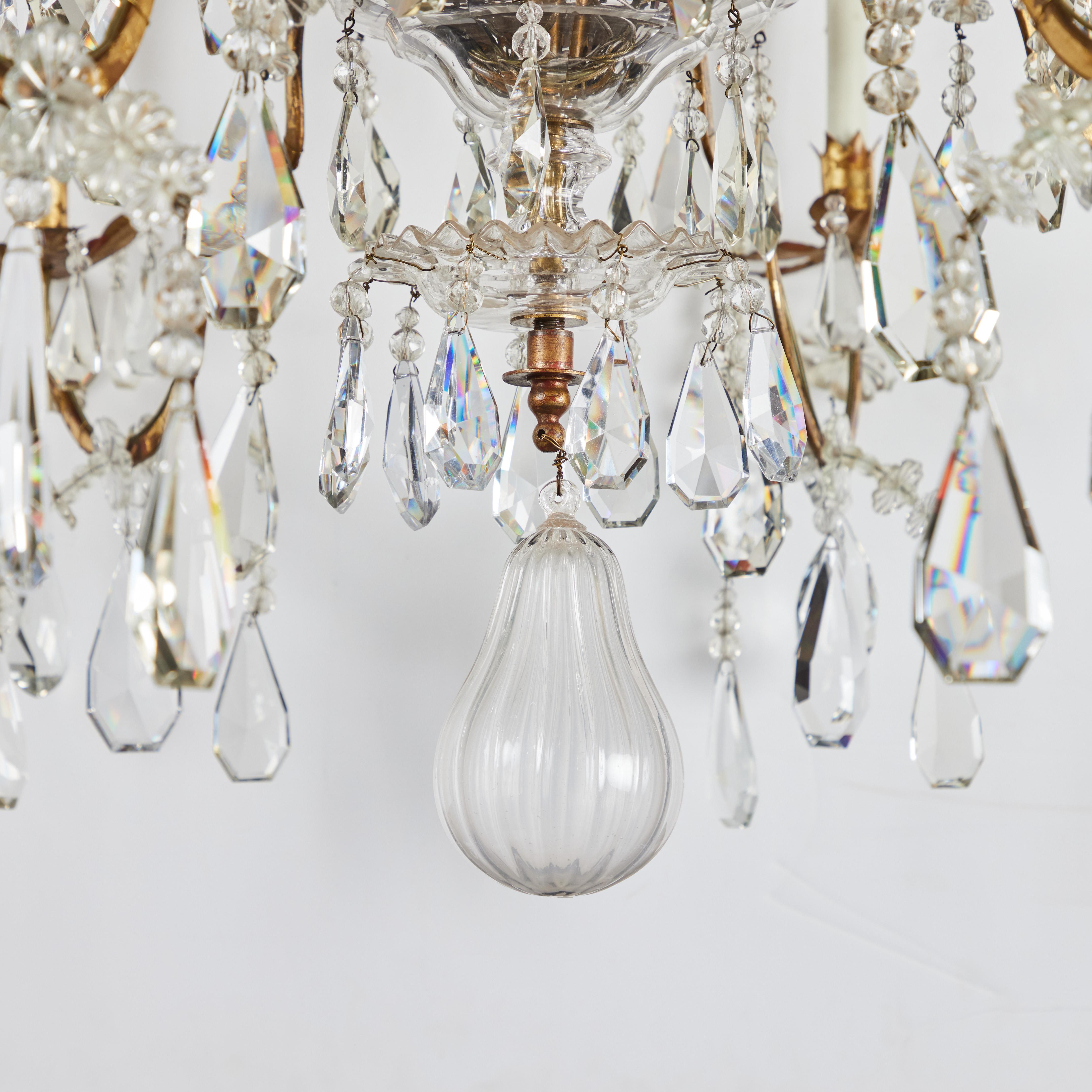 Elegant Cut Crystal and Gilded Tole Chandelier In Good Condition For Sale In Newport Beach, CA