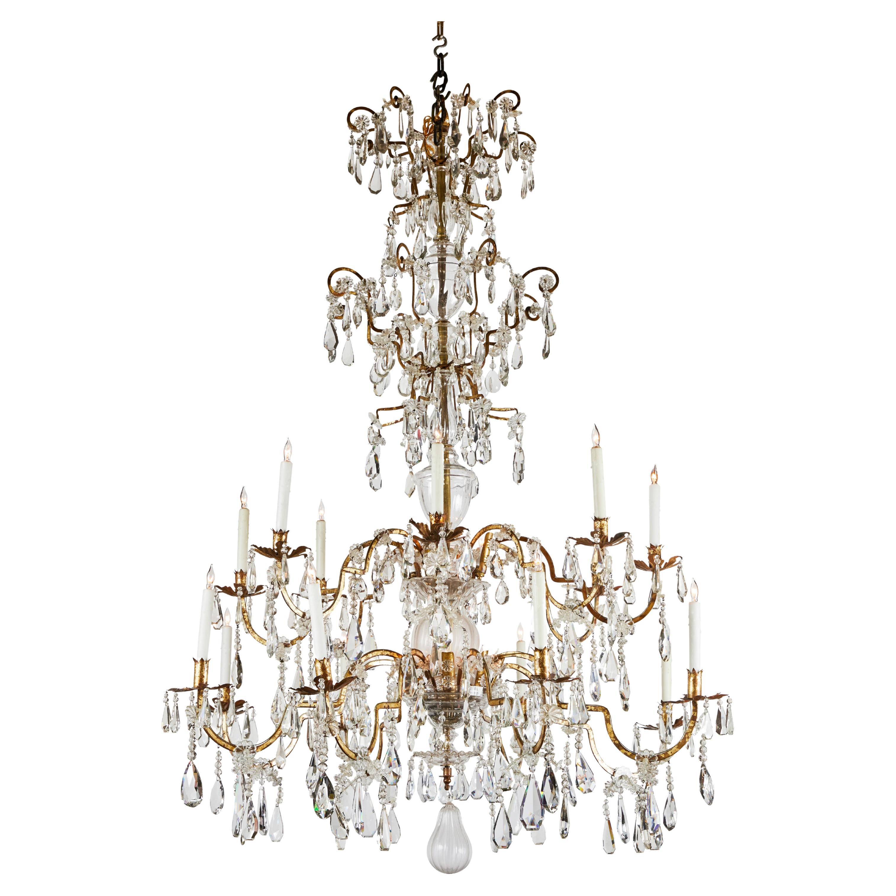 Elegant Cut Crystal and Gilded Tole Chandelier For Sale