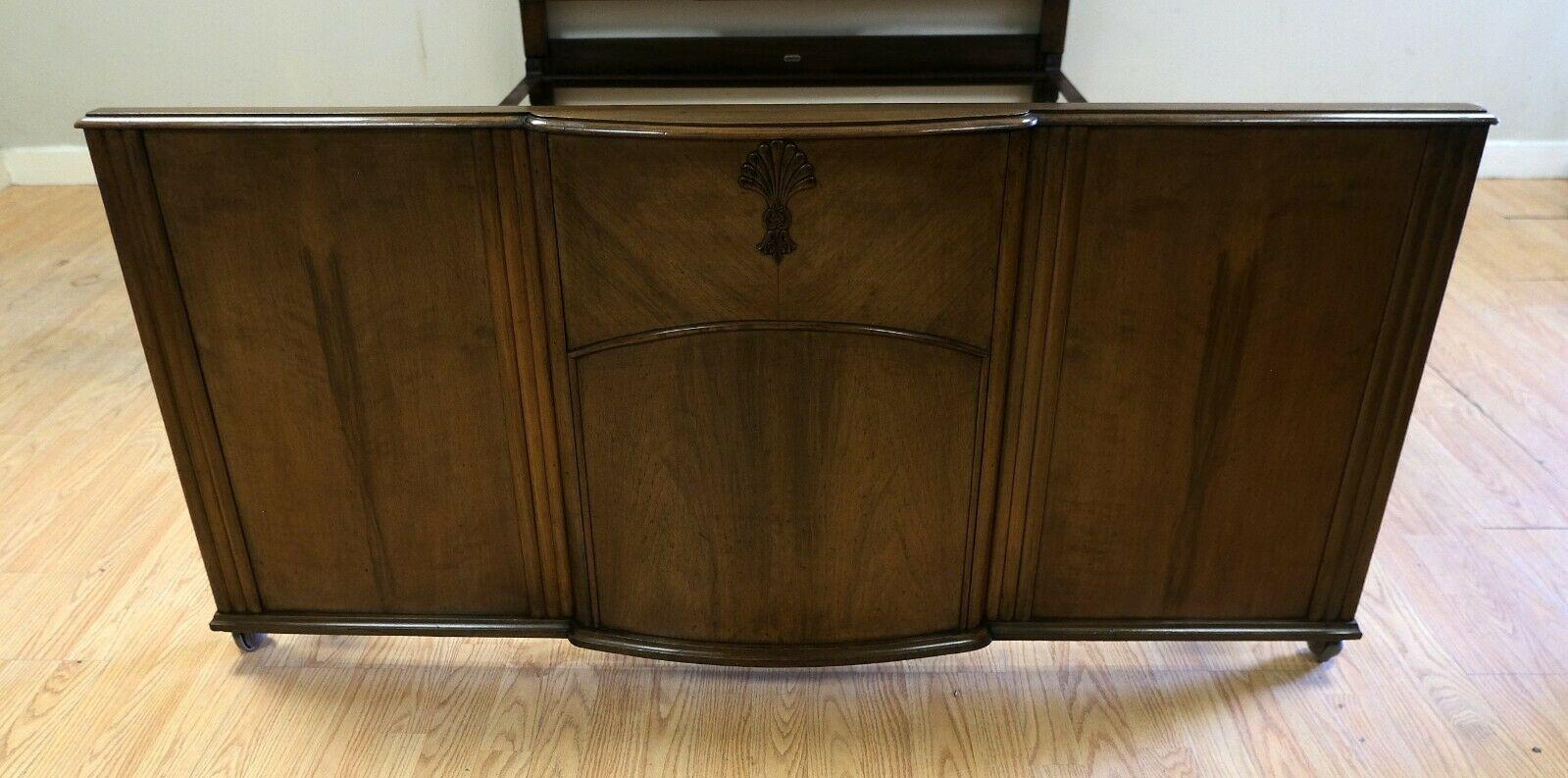 English Elegant C.W.S Art Deco Walnut Brown Double Frame Bed on Wheels Part of a Set For Sale