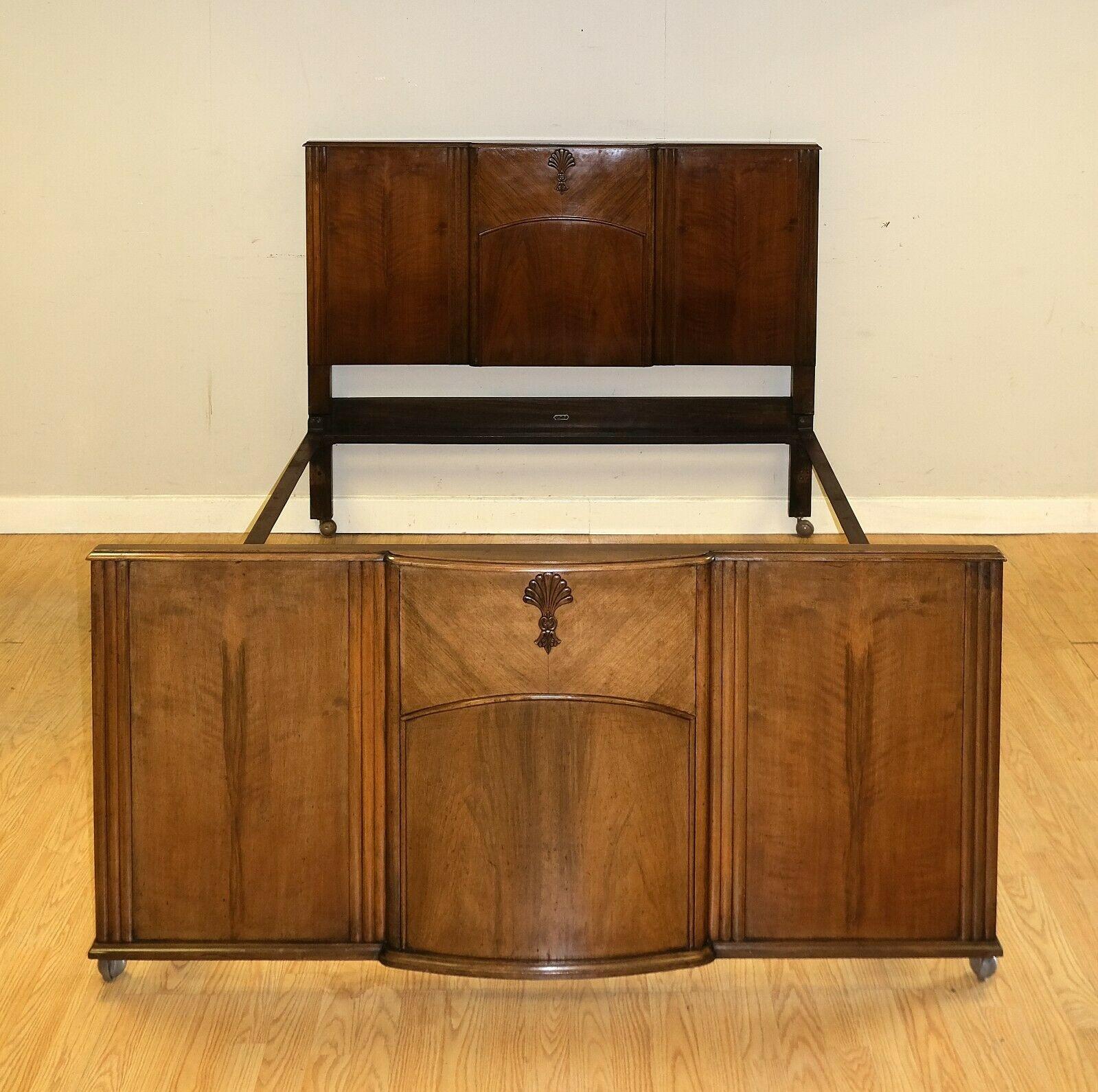 Elegant C.W.S Art Deco Walnut Brown Double Frame Bed on Wheels Part of a Set For Sale 2