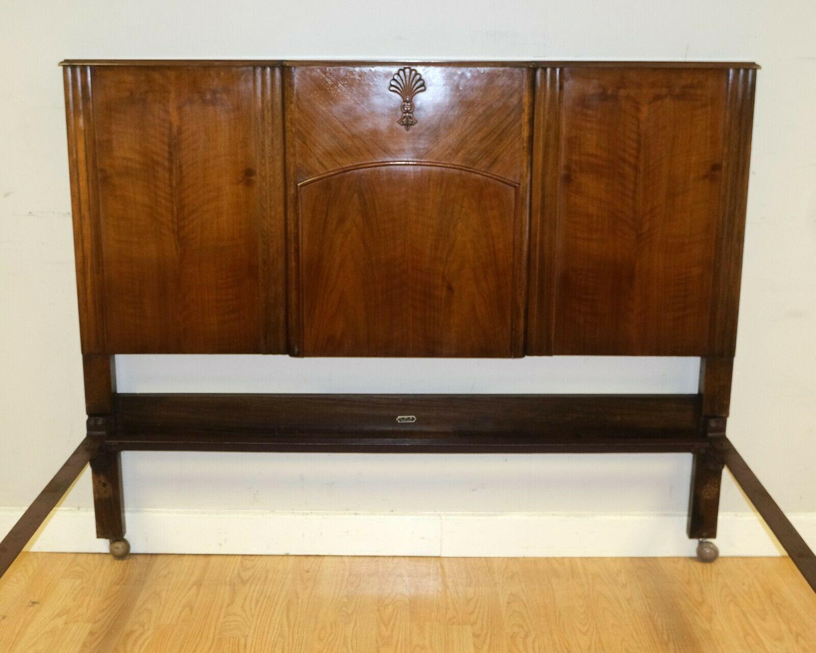 Elegant C.W.S Art Deco Walnut Brown Double Frame Bed on Wheels Part of a Set For Sale 3