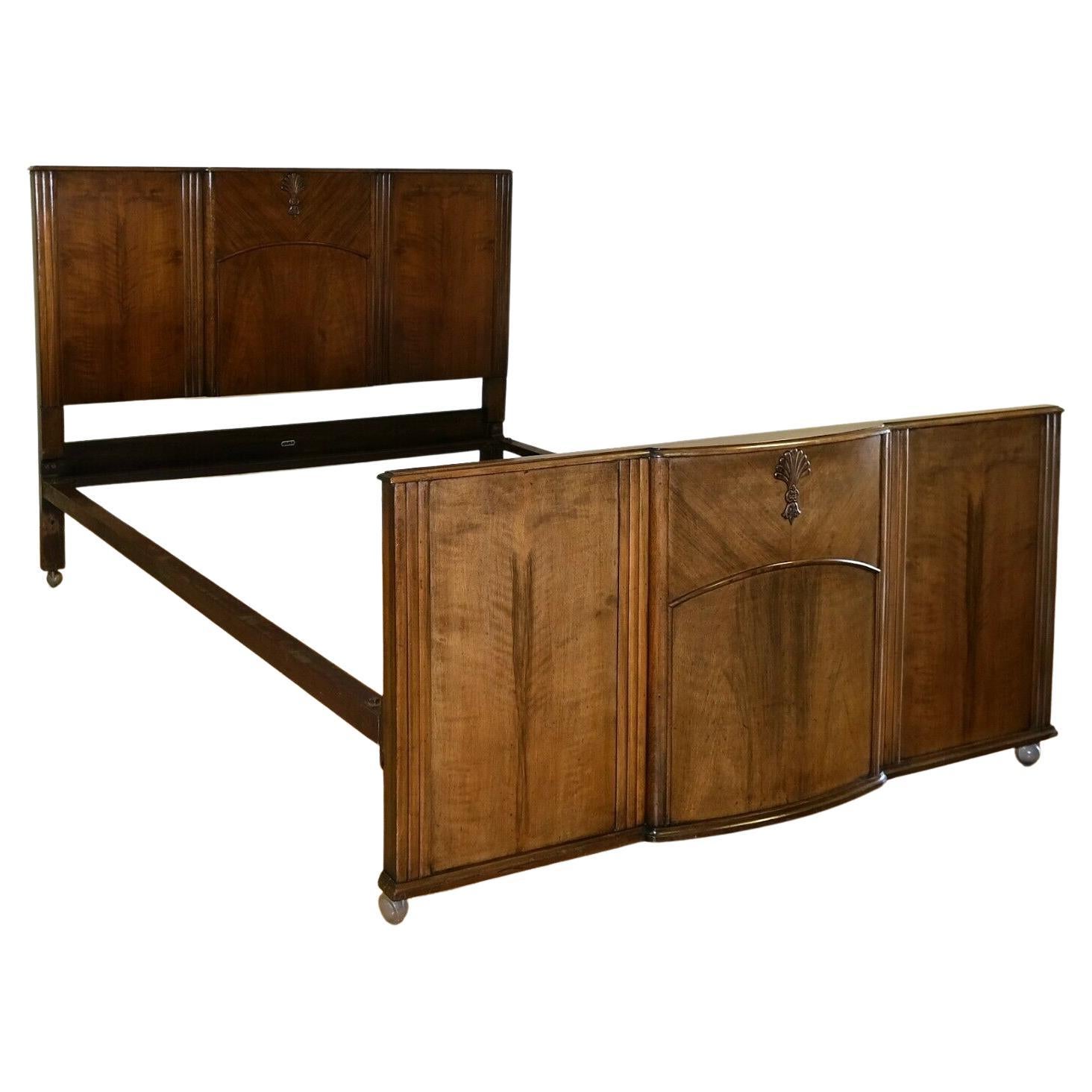 Elegant C.W.S Art Deco Walnut Brown Double Frame Bed on Wheels Part of a Set For Sale