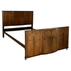 Elegant C.W.S Art Deco Walnut Brown Double Frame Bed on Wheels Part of a Set