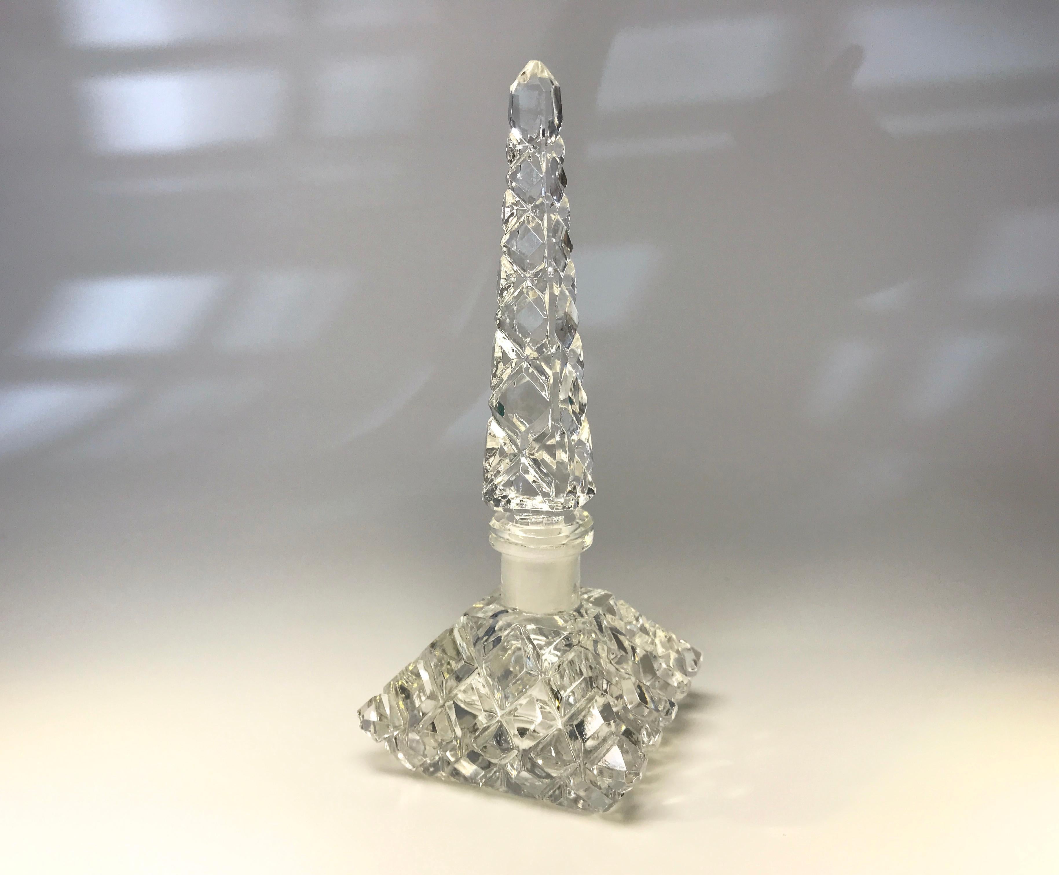 Polished Elegant Czech Crystal Clear Cushion Perfume Bottle Tall Spire Stopper circa 1930