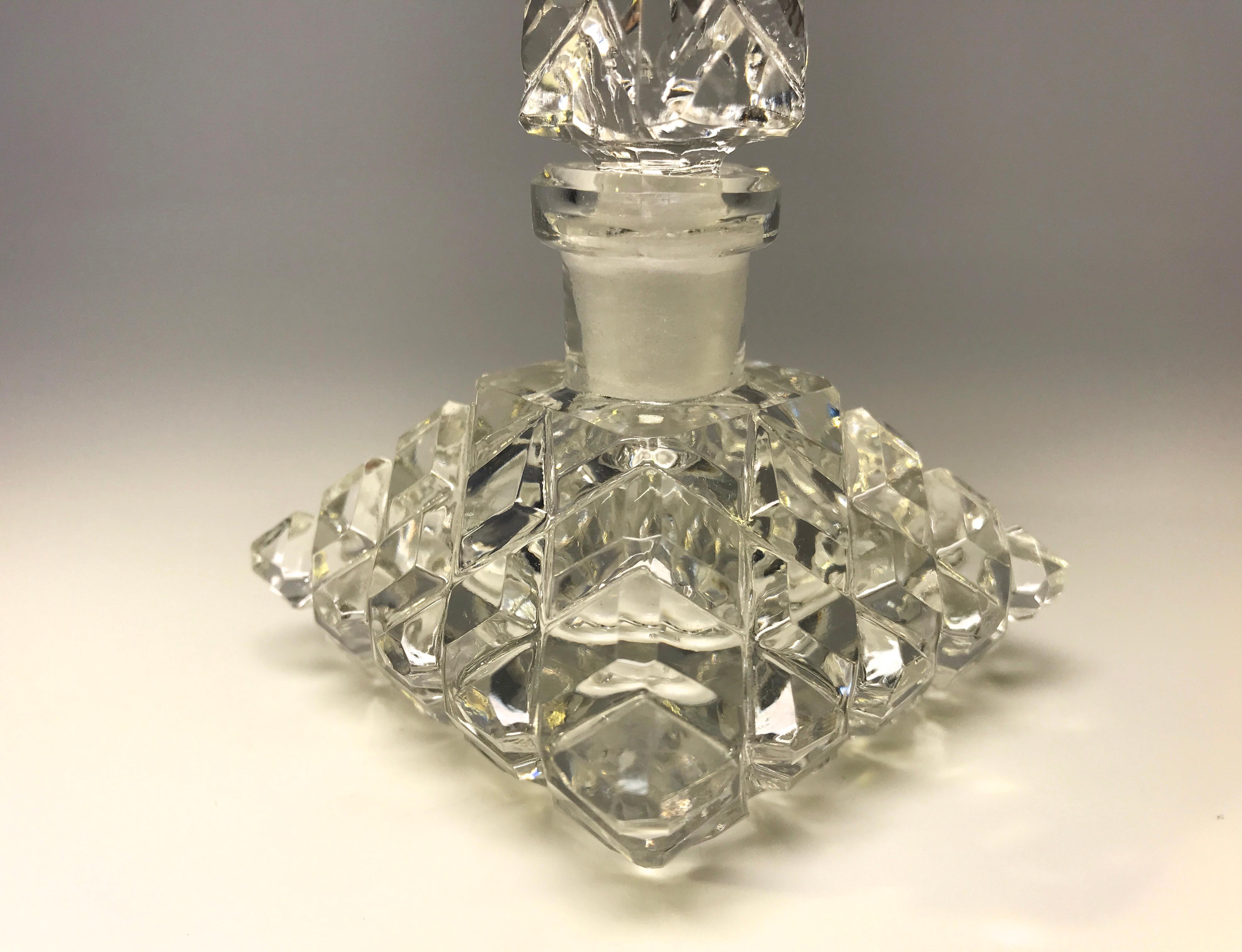 20th Century Elegant Czech Crystal Clear Cushion Perfume Bottle Tall Spire Stopper circa 1930
