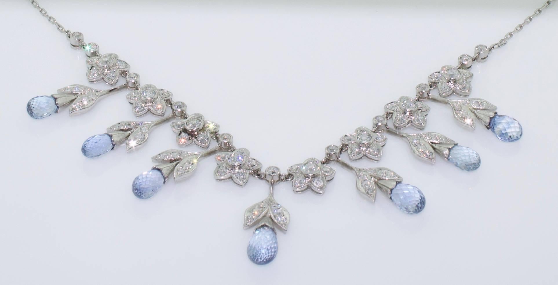 Briolette Cut Elegant Dangling Sapphire and Diamond, 1930s Necklace For Sale