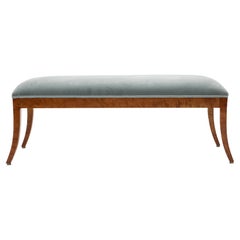 Elegant Danish Empire Figured Birch Bench with Dove-Blue Velour Upholstery