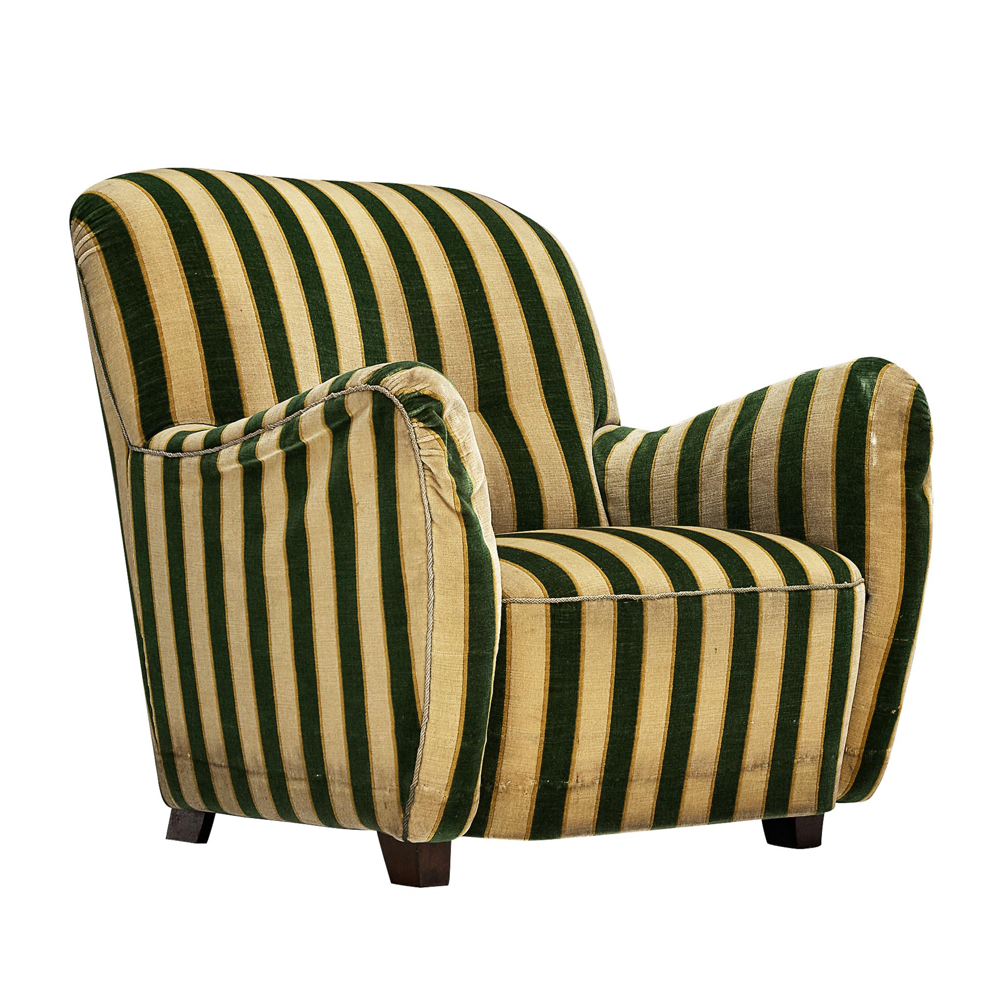 Elegant Danish Lounge Chair in Striped Fabric For Sale