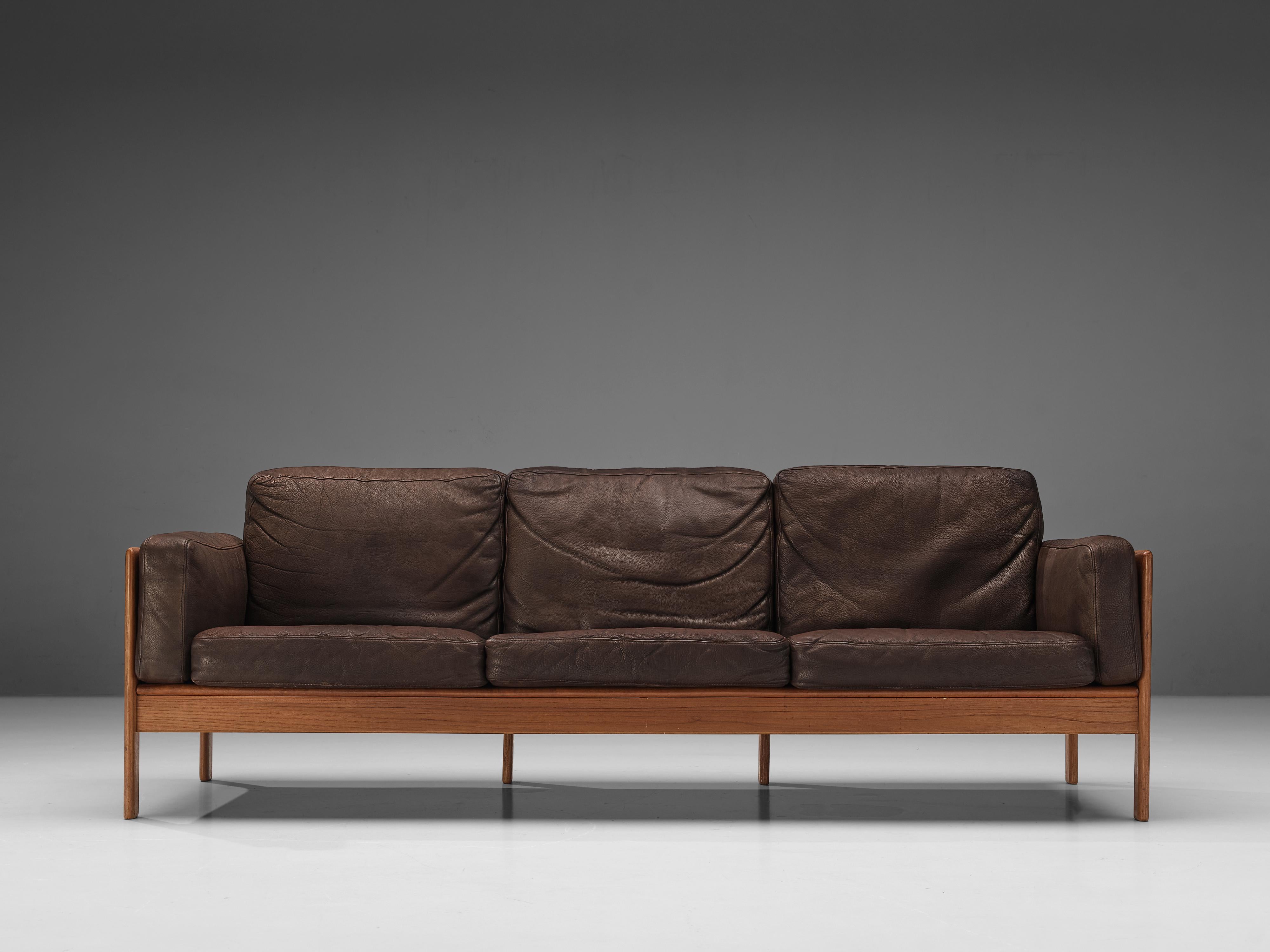 Stained Elegant Danish Sofa in Brown Leather