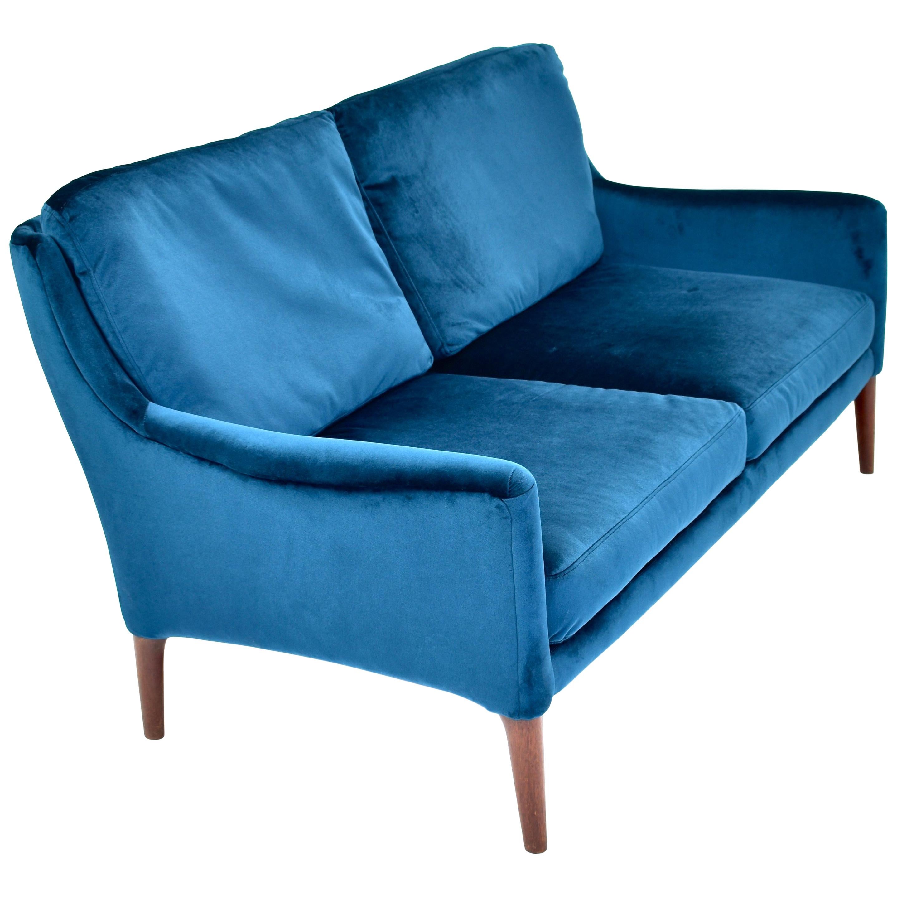 Elegant Danish Two-Seat Sofa in New Upholstered Velvet and Teak, circa 1950