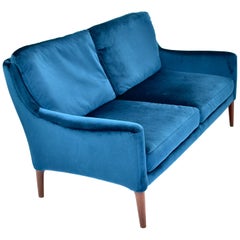 Elegant Danish Two-Seat Sofa in New Upholstered Velvet and Teak, circa 1950