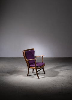 Elegant Danish Wingback Armchair with Warm Deep Purple Cushions