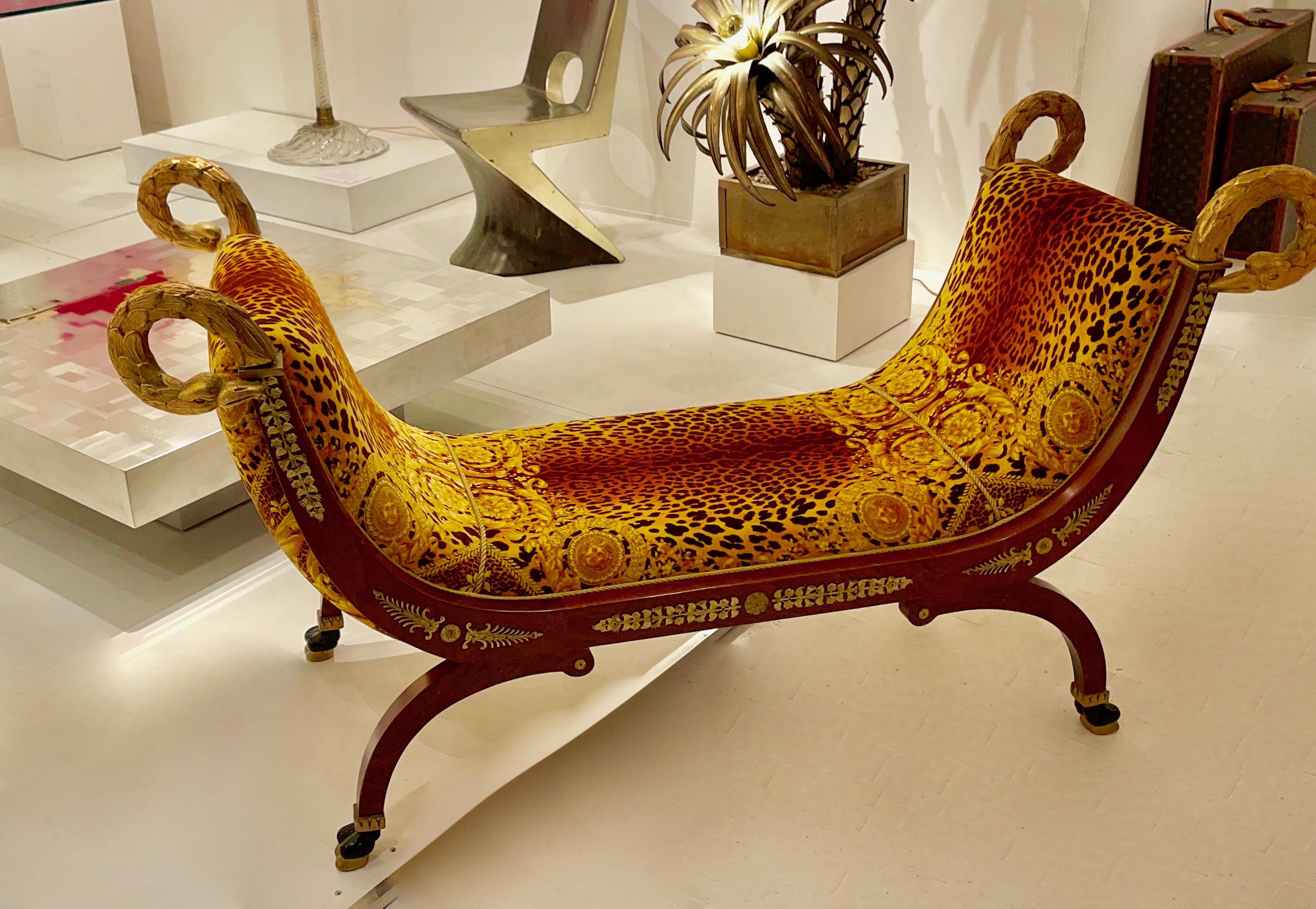 Brass Elegant Daybed Beautifully Carved and Covered With Versace Fabric, Versace Italy For Sale
