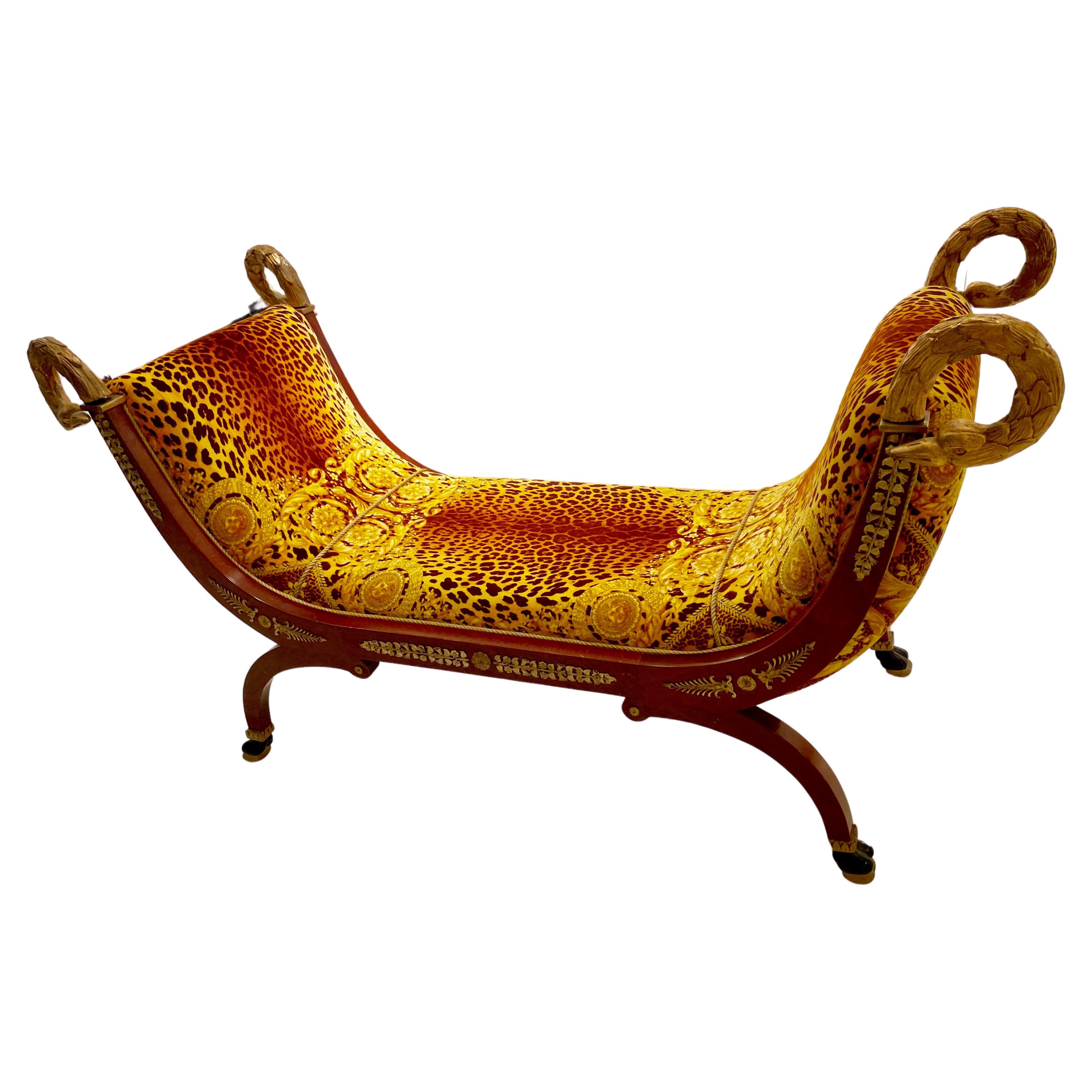 Elegant Daybed Beautifully Carved and Covered With Versace Fabric, Versace Italy For Sale