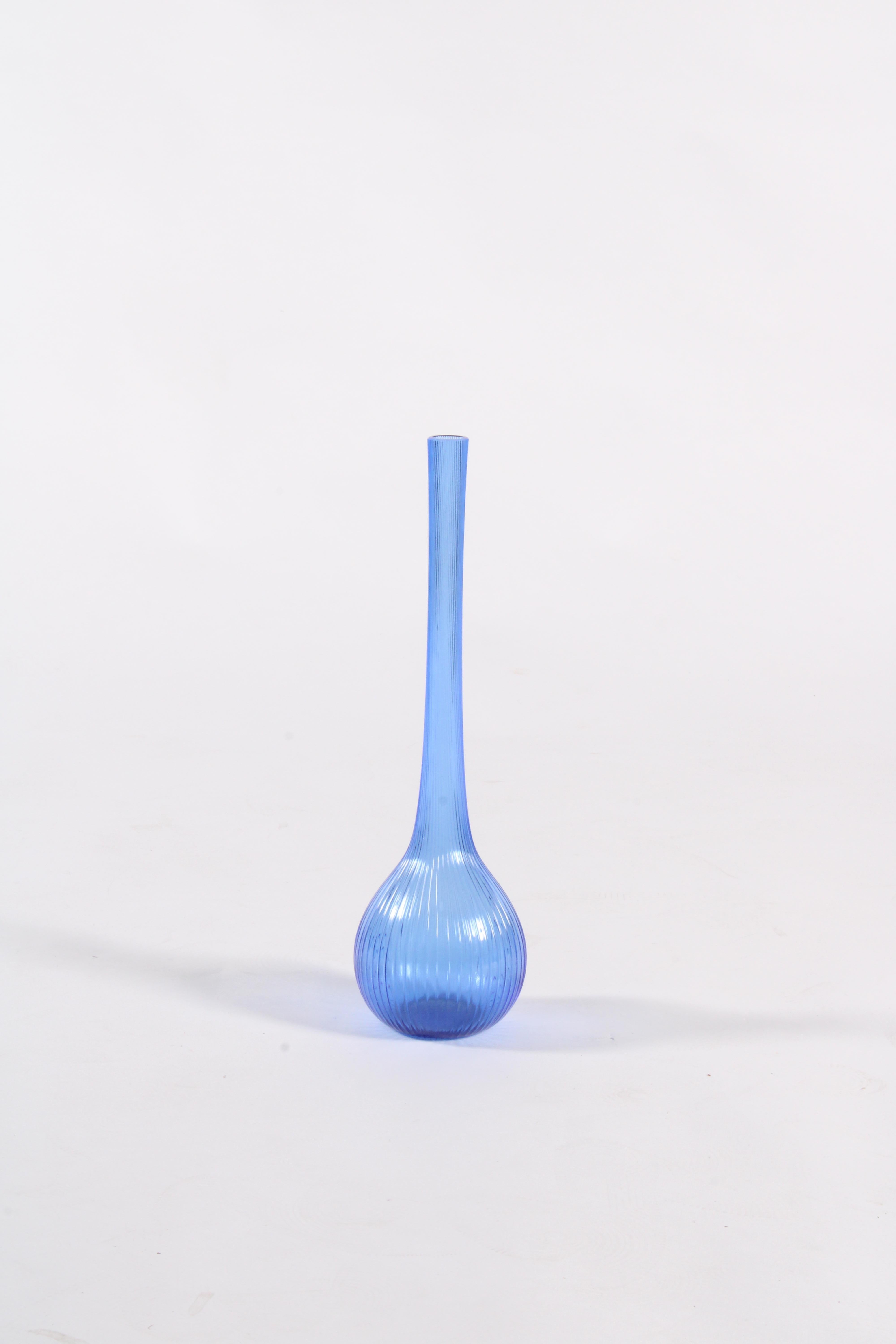 Modern Elegant Decorative Ribbed Blue Glass Vase By Daum Of France*FREE GLOBAL DELIVERY For Sale