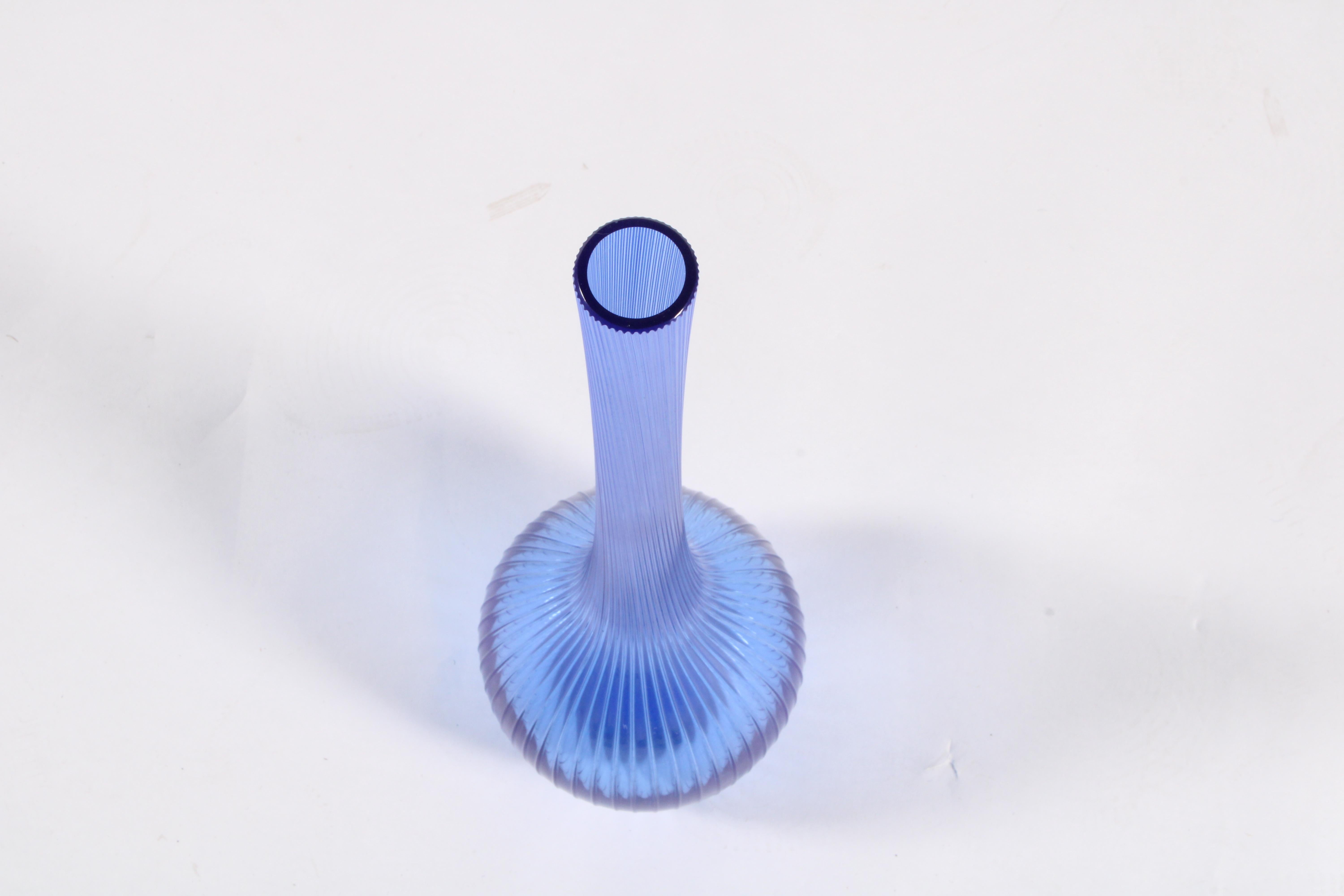 Italian Elegant Decorative Ribbed Blue Glass Vase By Daum Of France*FREE GLOBAL DELIVERY For Sale