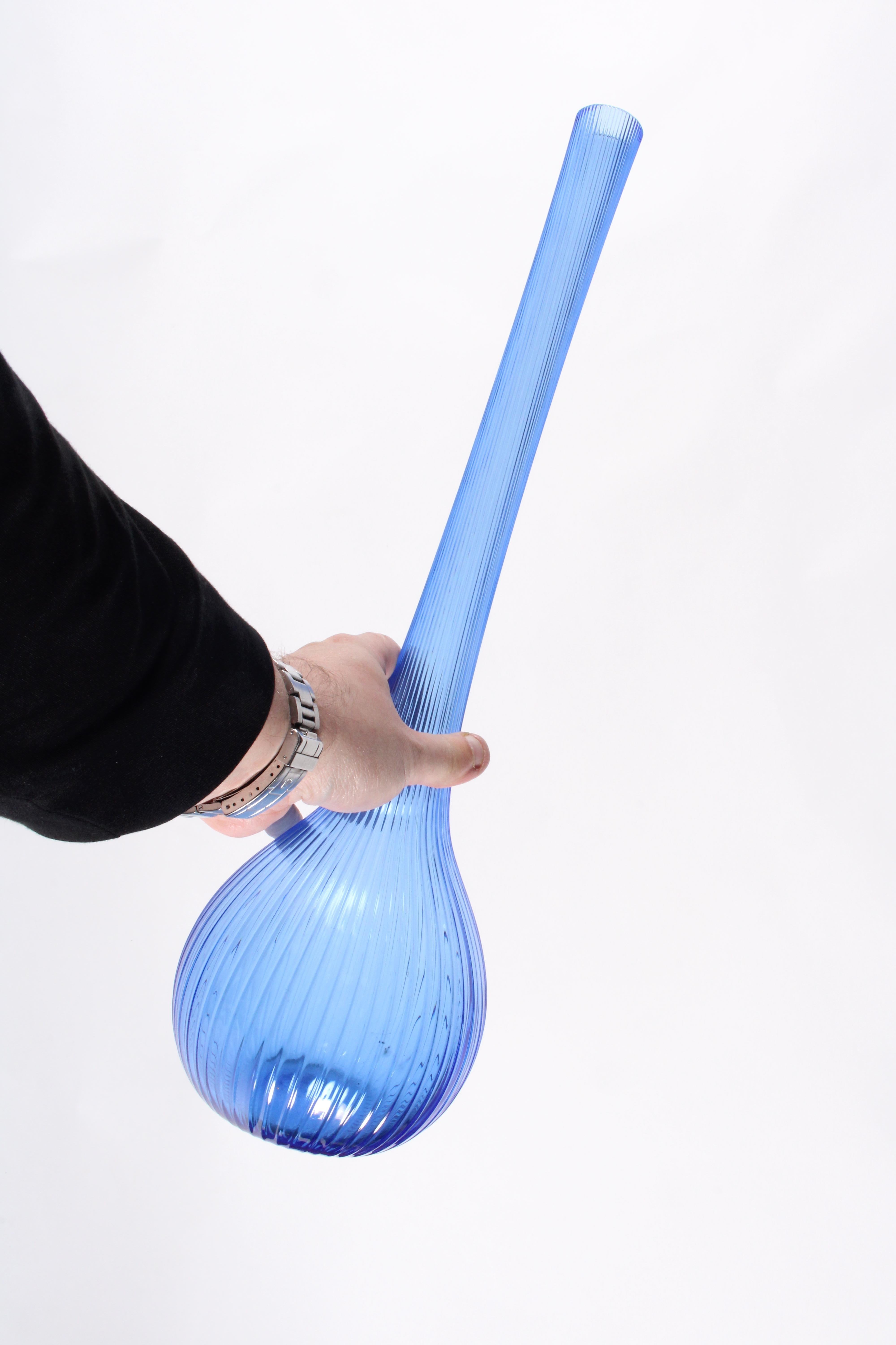 Hand-Crafted Elegant Decorative Ribbed Blue Glass Vase By Daum Of France*FREE GLOBAL DELIVERY For Sale