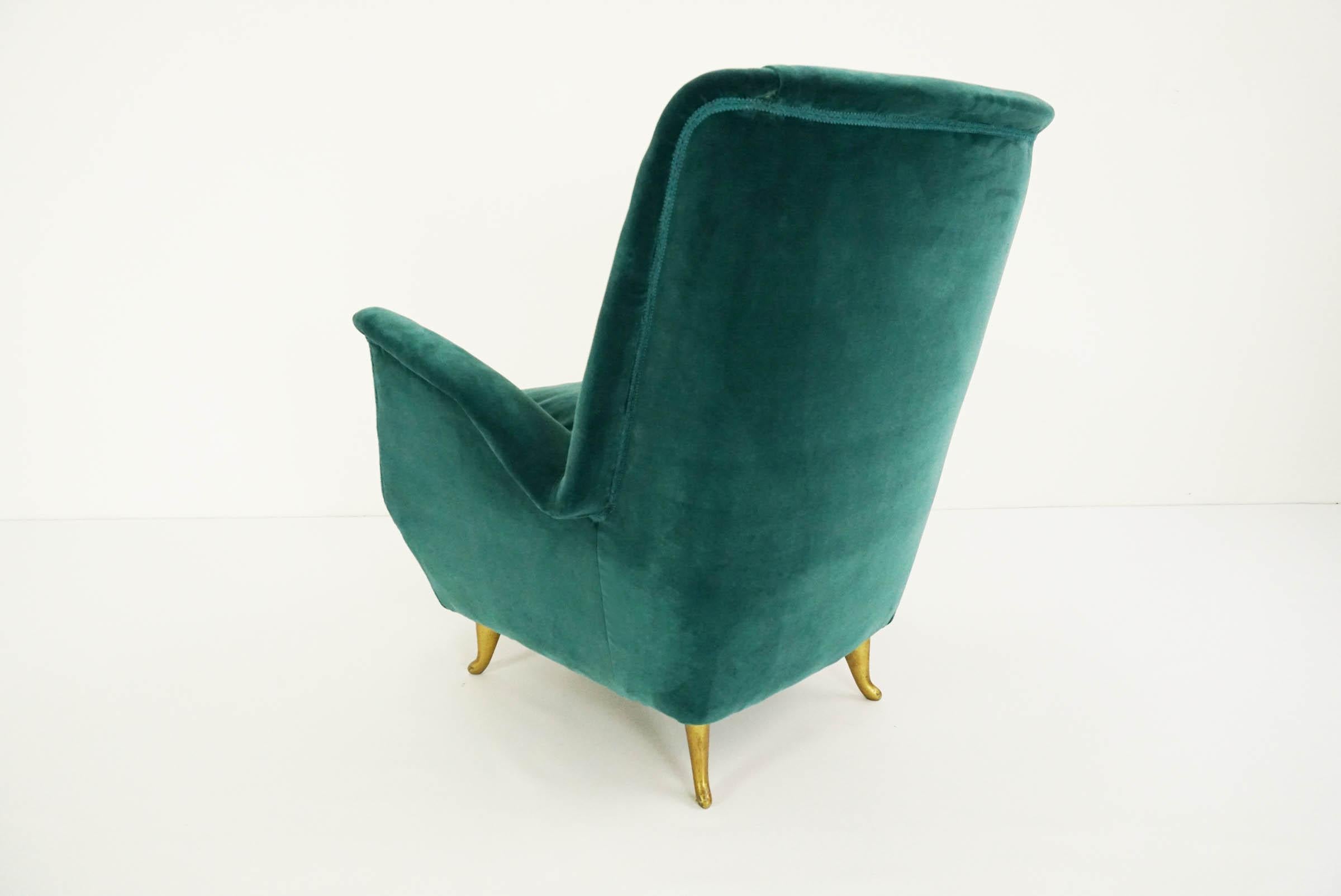 Italian Elegant Deep Green Velvet for This Cozy Armchair Produced by ISA, Italy, 1959