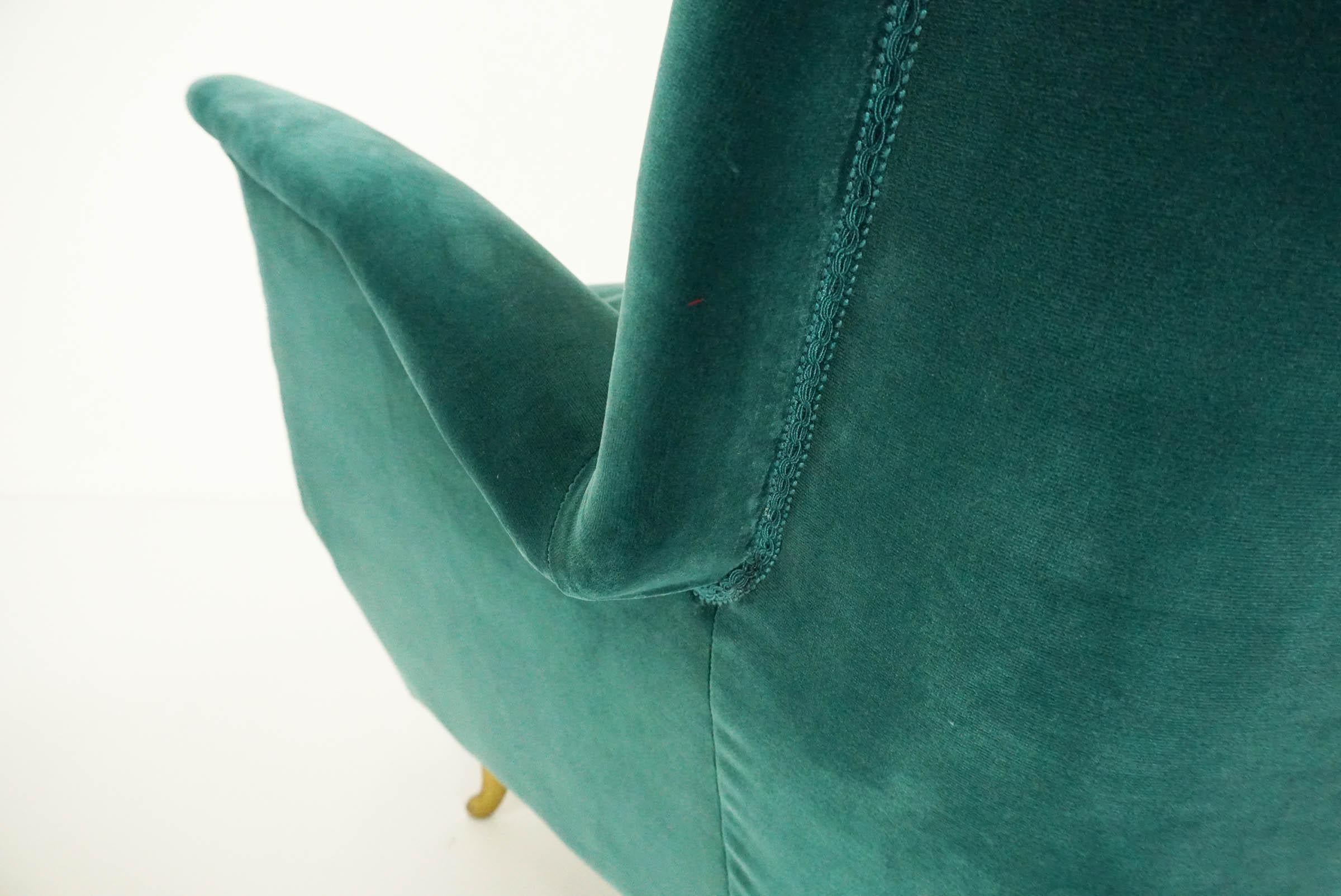 Cold-Painted Elegant Deep Green Velvet for This Cozy Armchair Produced by ISA, Italy, 1959