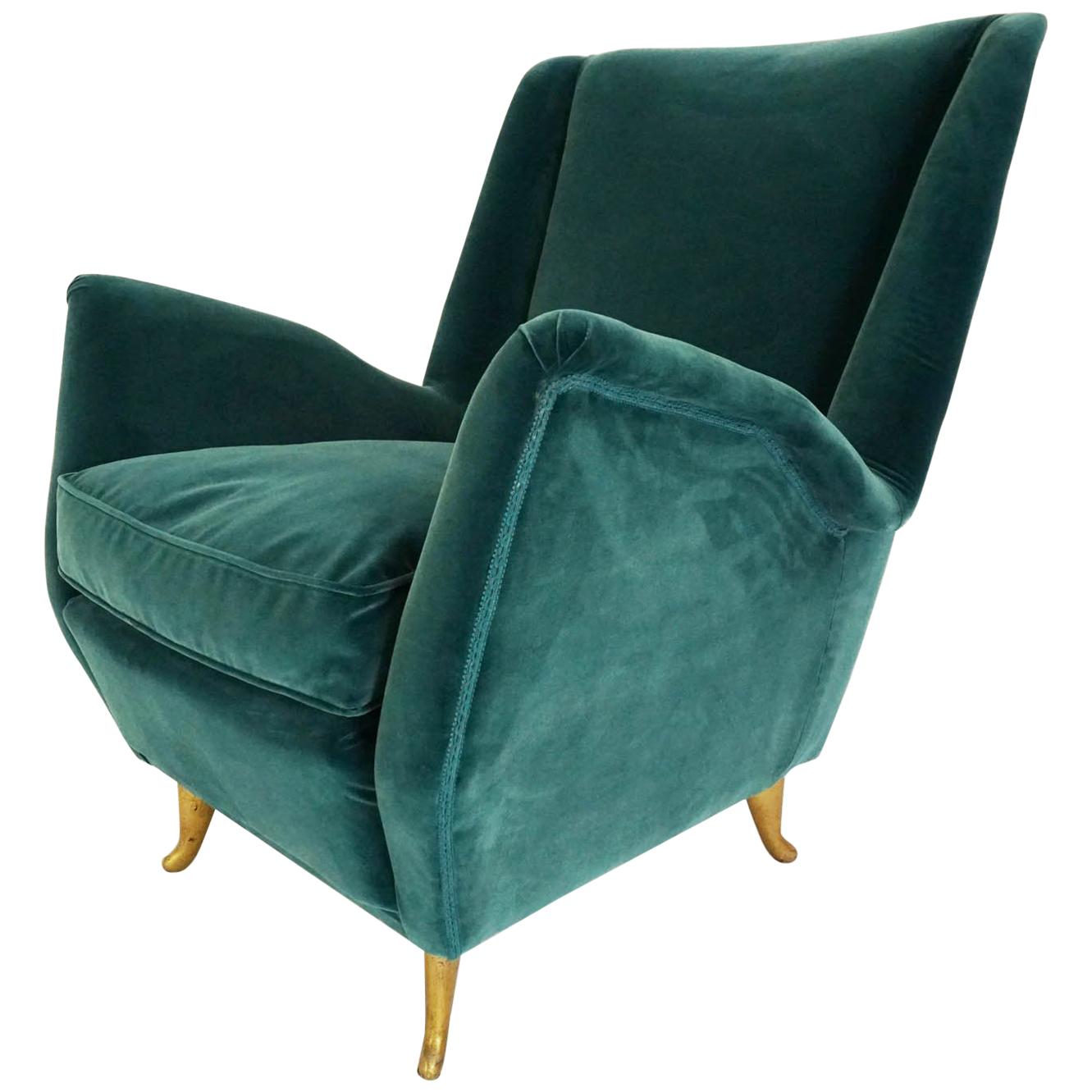 Elegant Deep Green Velvet for This Cozy Armchair Produced by ISA, Italy, 1959