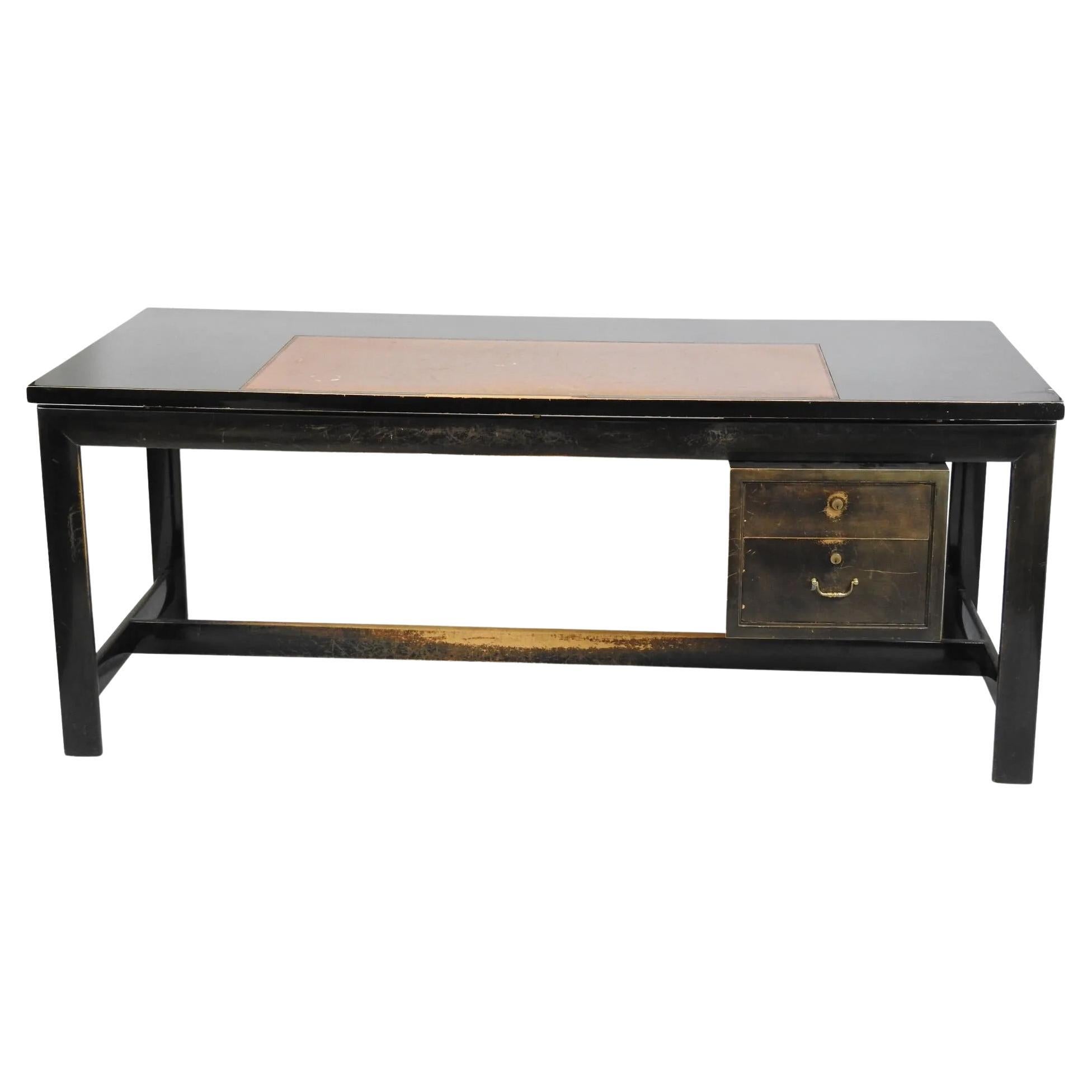 Elegant Desk in Blackened Wood and Leather circa 1950 Patina to Be Redone, Leath For Sale