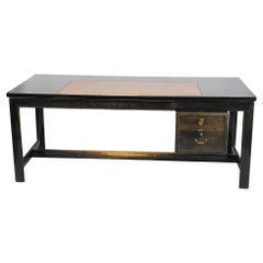 Elegant Desk in Blackened Wood and Leather circa 1950 Patina to Be Redone, Leath