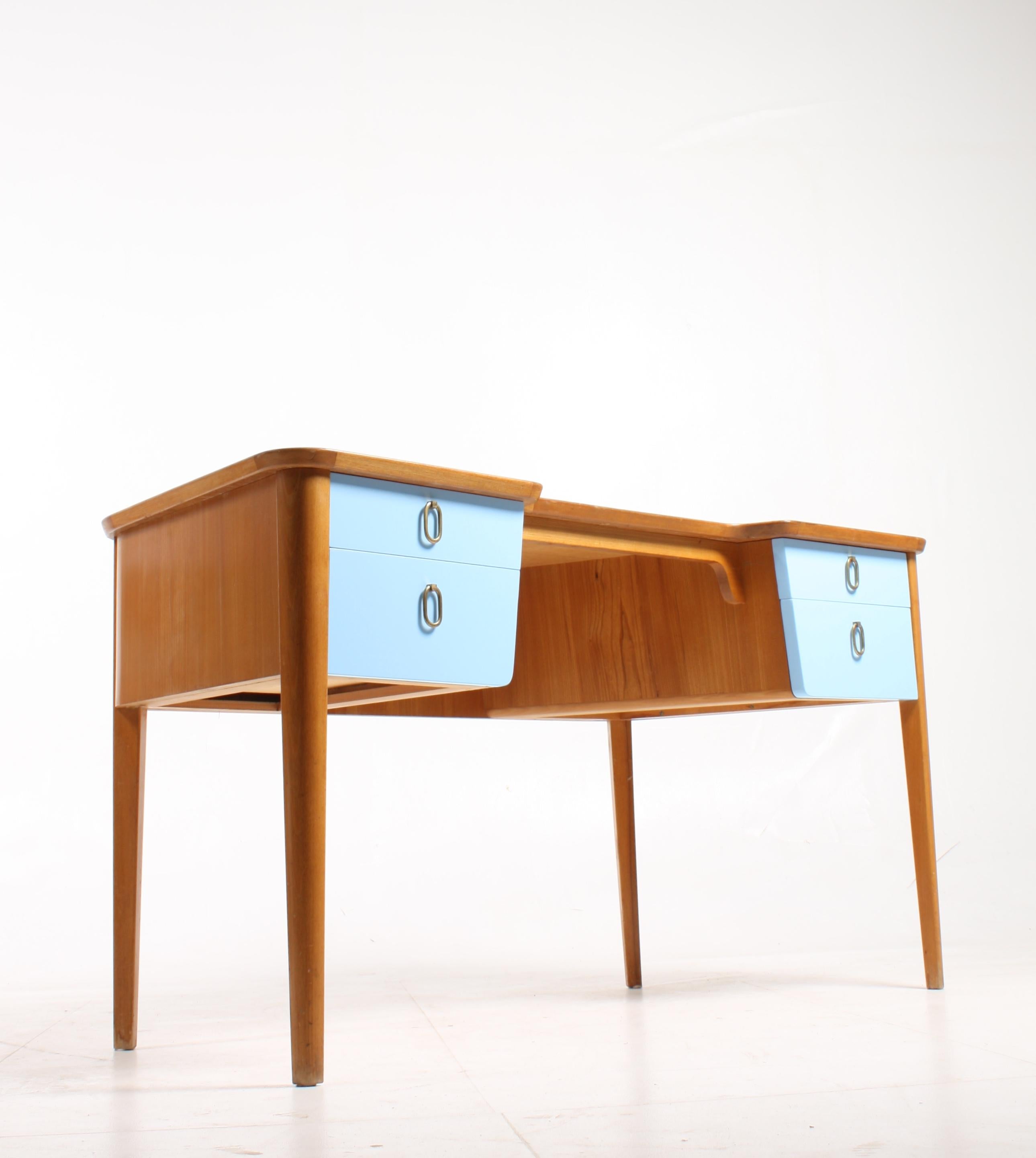 Elegant Desk in Elm and Blue Drawers, Swedish Modern, 1940s In Good Condition In Lejre, DK