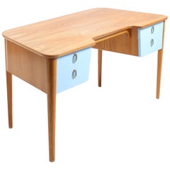 Elegant Desk in Elm and Blue Drawers, Swedish Modern, 1940s Elegant Desk in Elm and Blue Drawers, Swedish Modern, 1940s