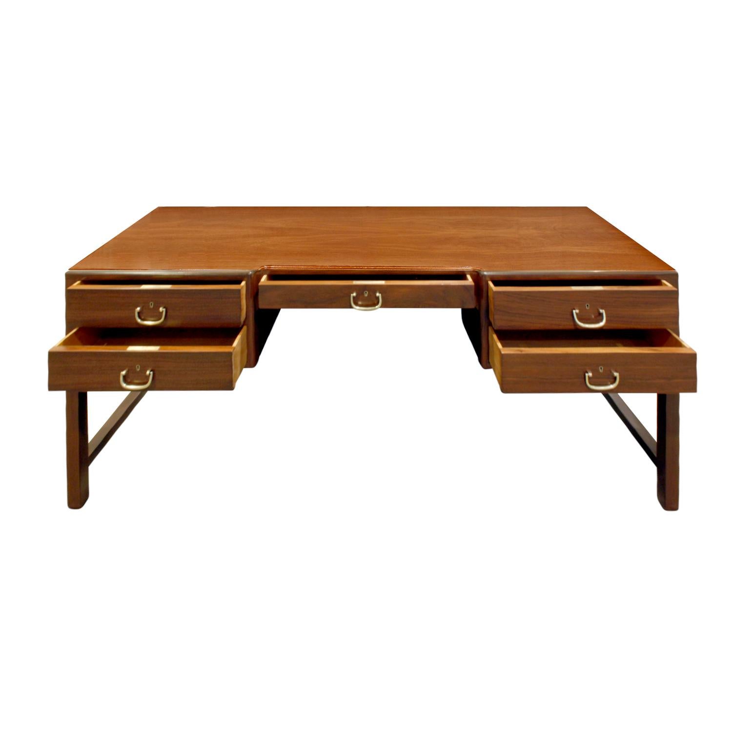 Hand-Crafted Elegant Desk in Teak with Brass Pulls, 1950s