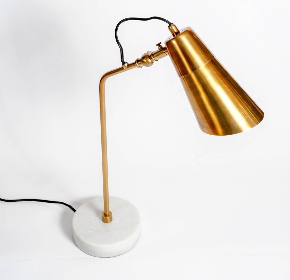 Nice table lamps with steady white marble foot, and all coppered brass body, ideal for desks with it's adjustable sconce.