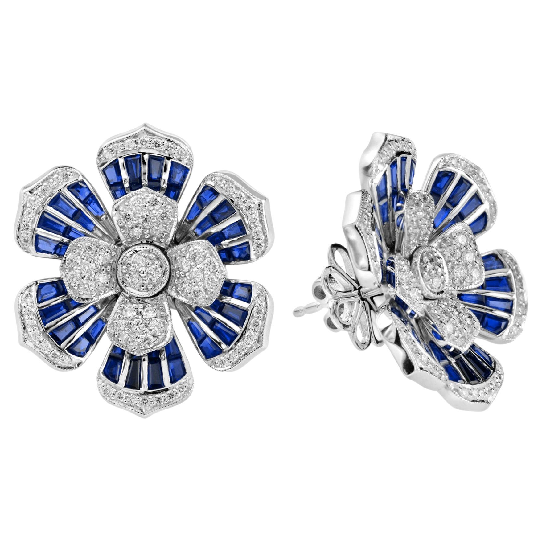Elegant Diamond and Blue Sapphire Floral Stud Earrings in 18K White Gold For Sale