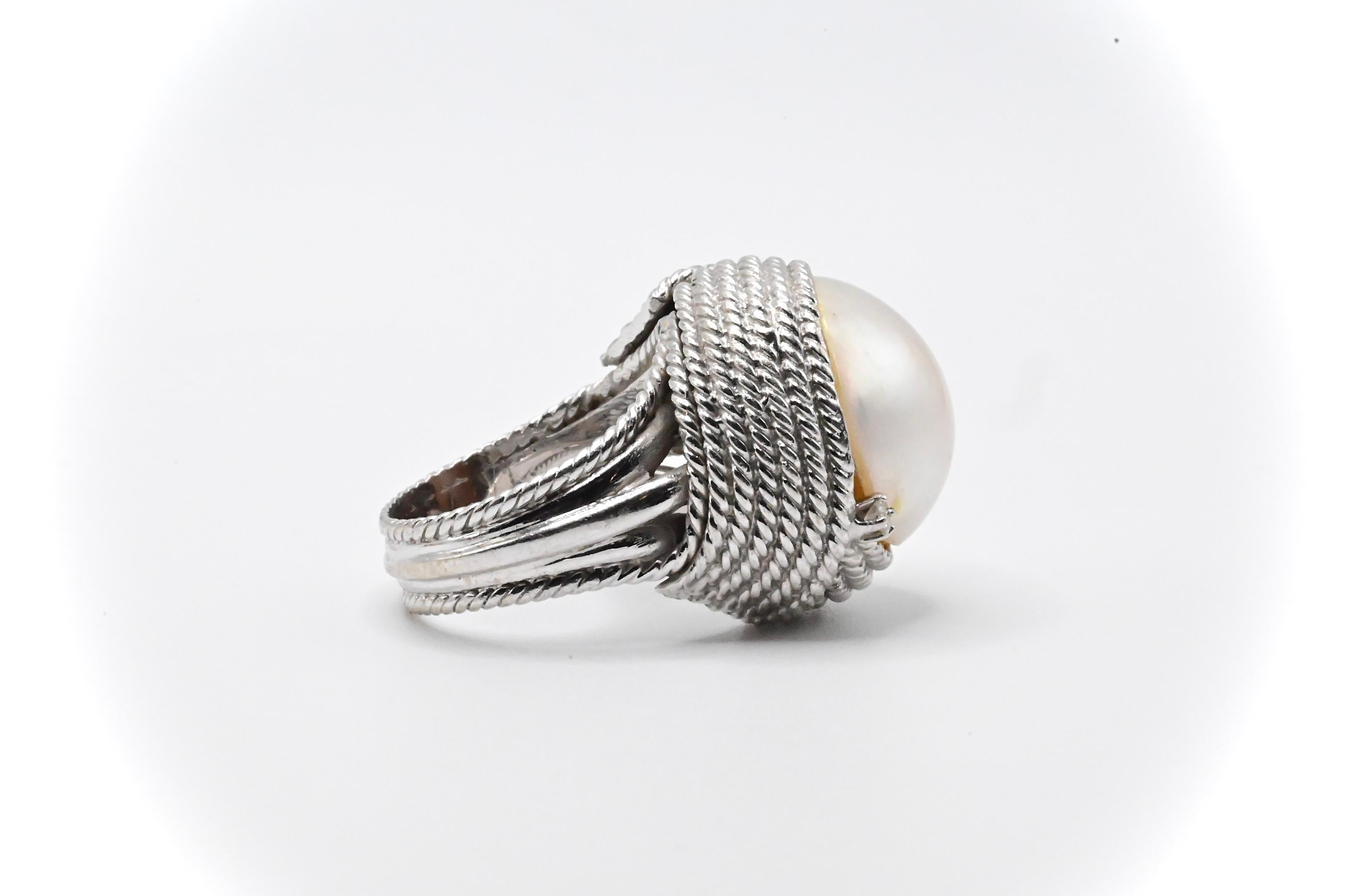 Art Deco Elegant Diamond and Massive Pearl 14k White Gold Ring