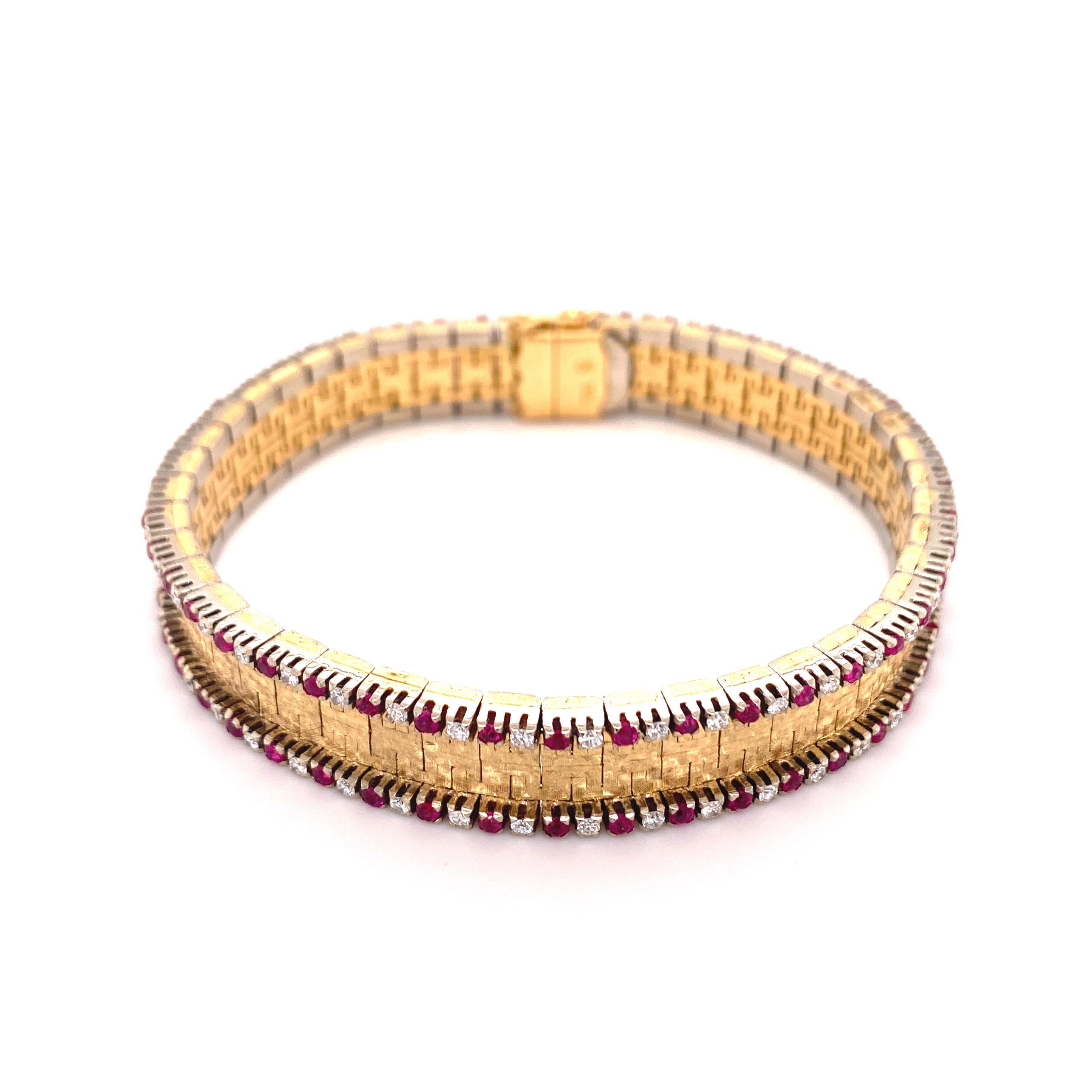 Round Cut Elegant Diamond and Ruby Bracelet in 18 Karat Yellow and White Gold