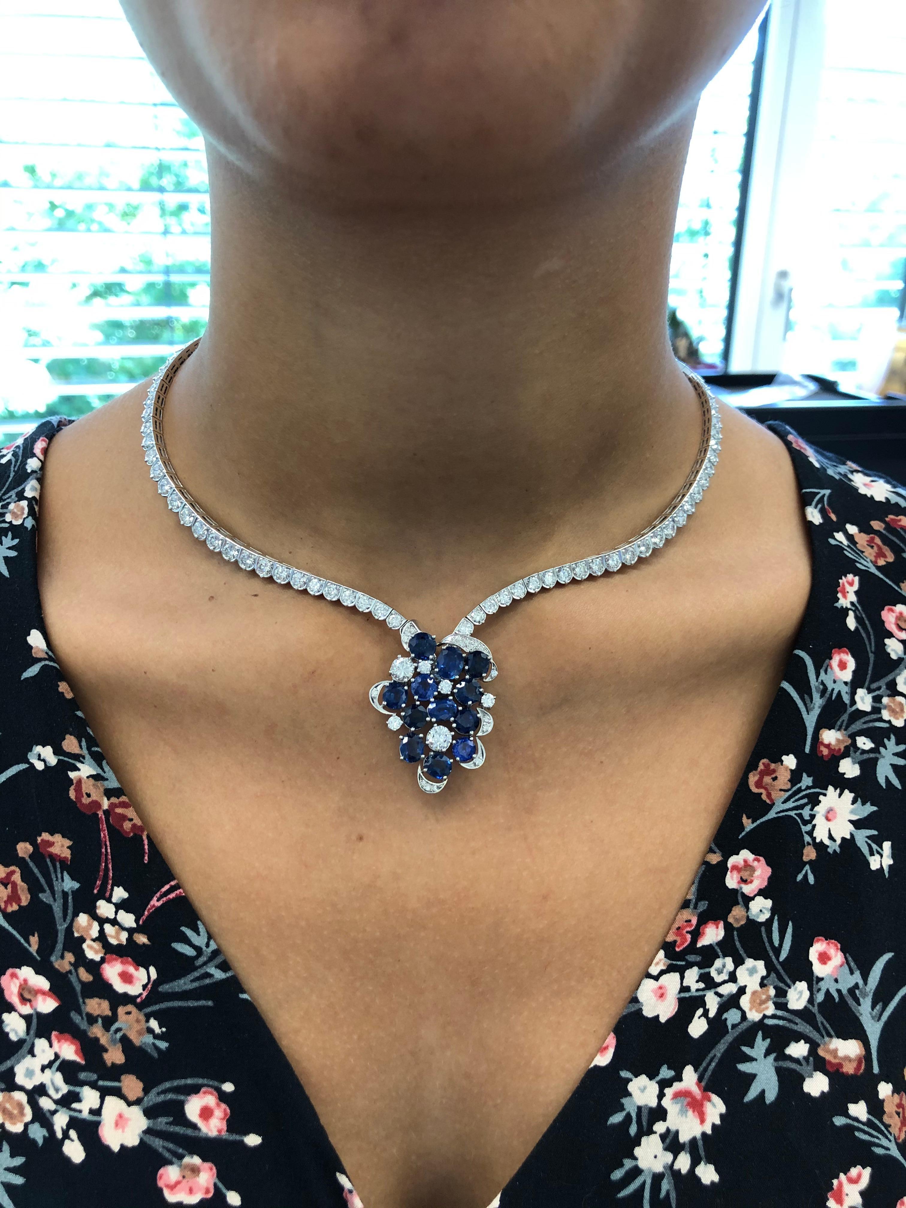 Elegant Diamond and Sapphire Necklace in 950 Platinum by Schilling For Sale 2