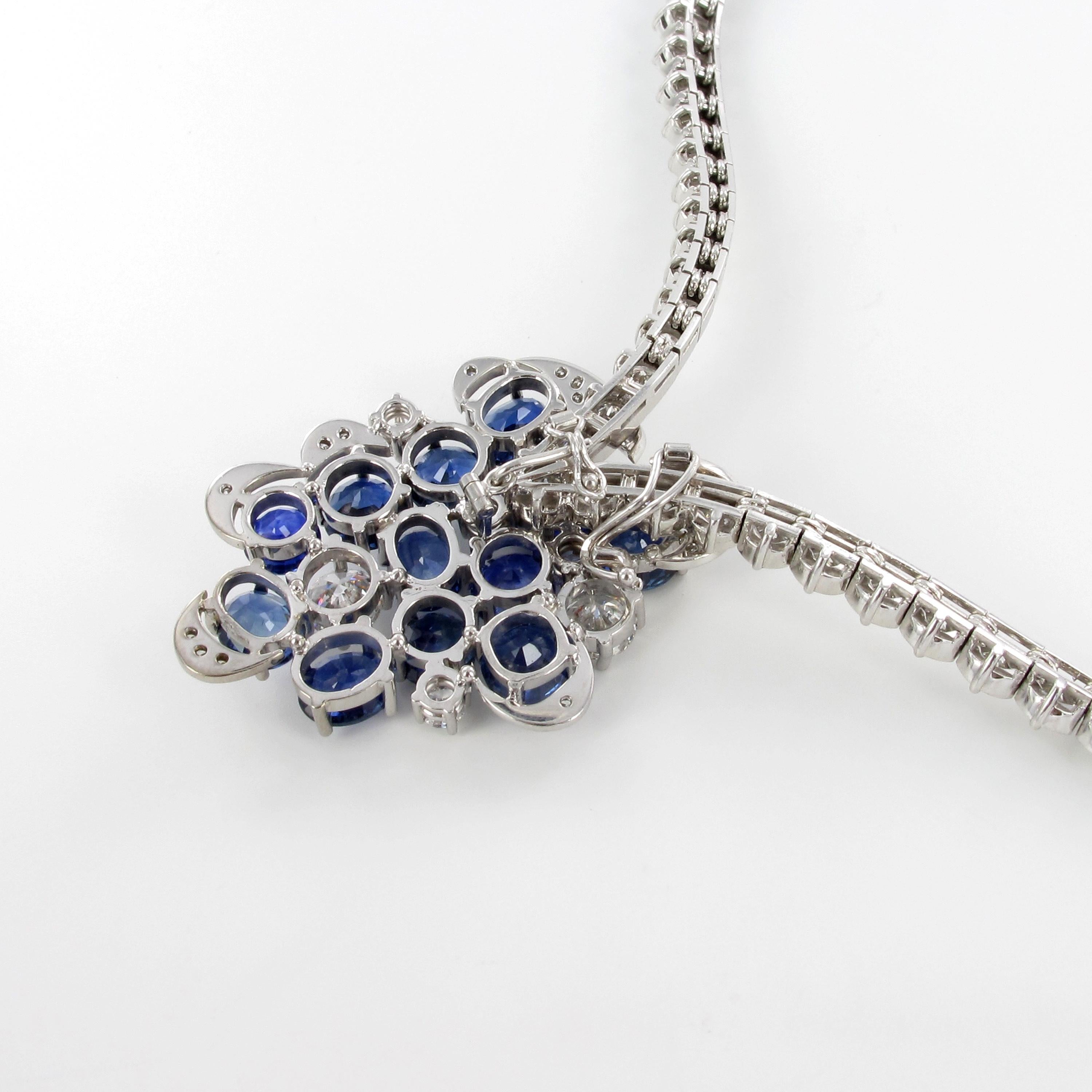 Oval Cut Elegant Diamond and Sapphire Necklace in 950 Platinum by Schilling For Sale