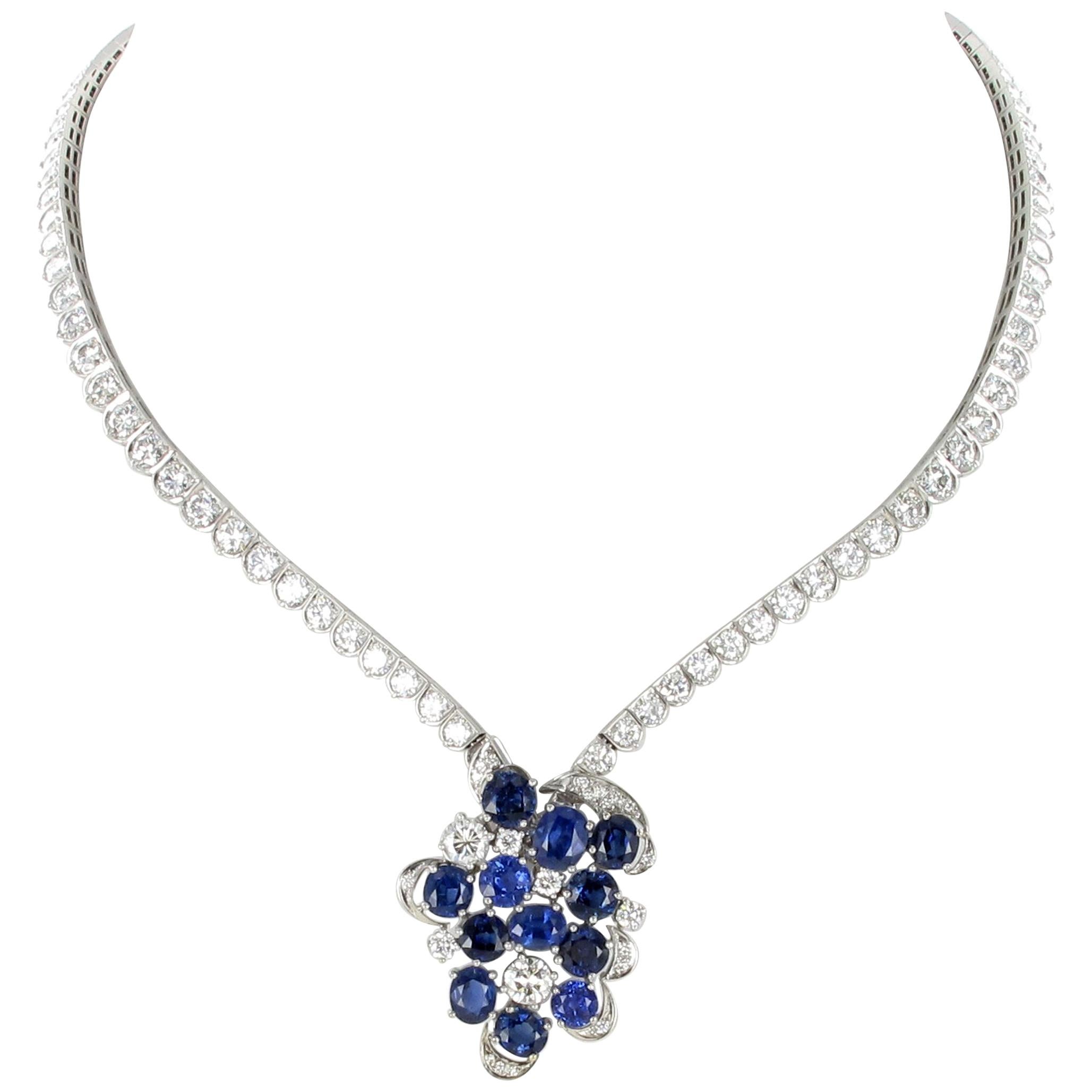 Elegant Diamond and Sapphire Necklace in 950 Platinum by Schilling For Sale