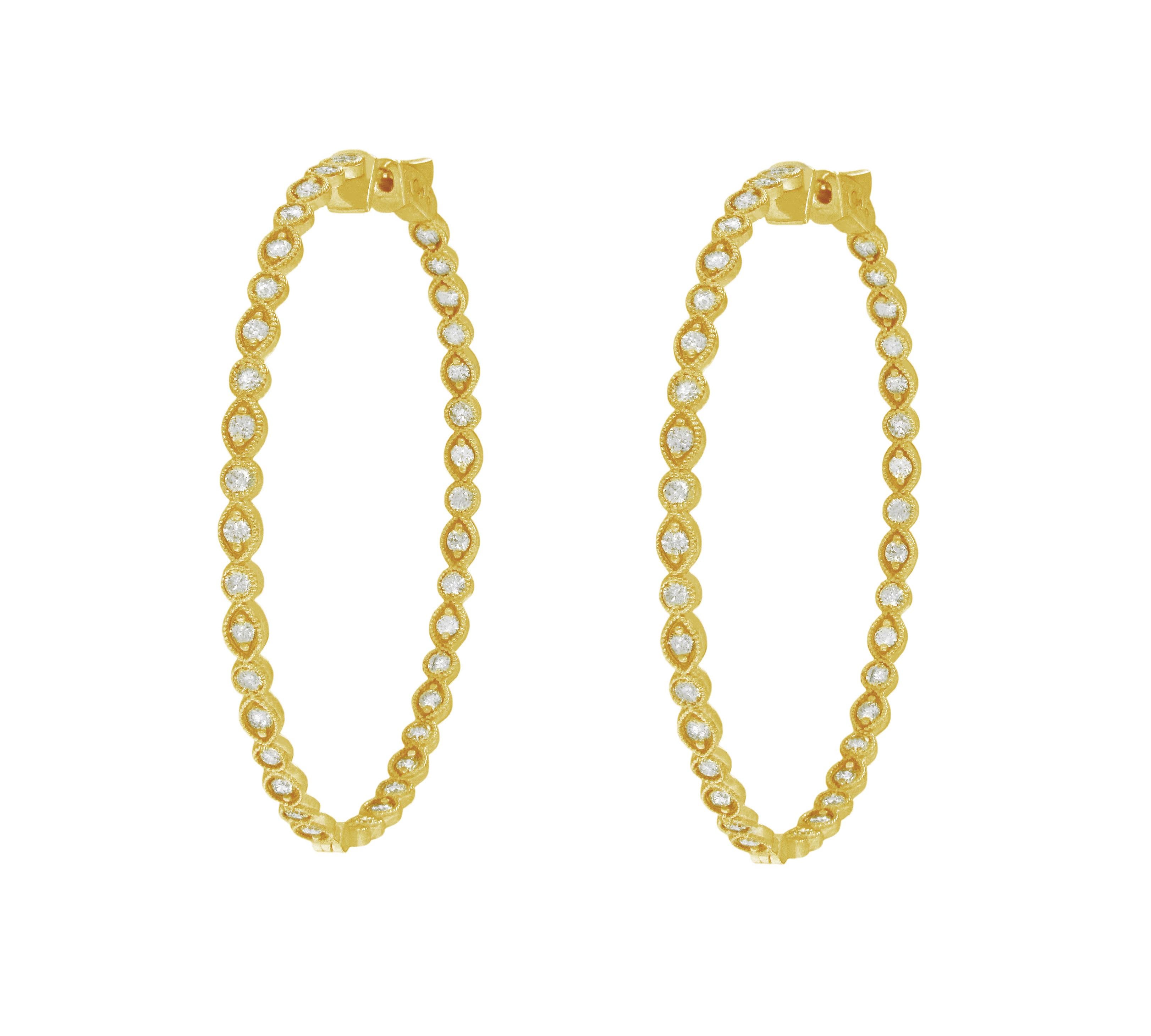 Women's Elegant Diamond Hoop in Yellow Gold Earrings For Sale