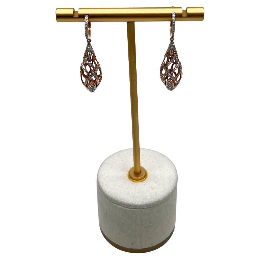 Elegant Diamond Pave Leaf Leaves Shell Motif 14K Rose Gold Dangle Earrings