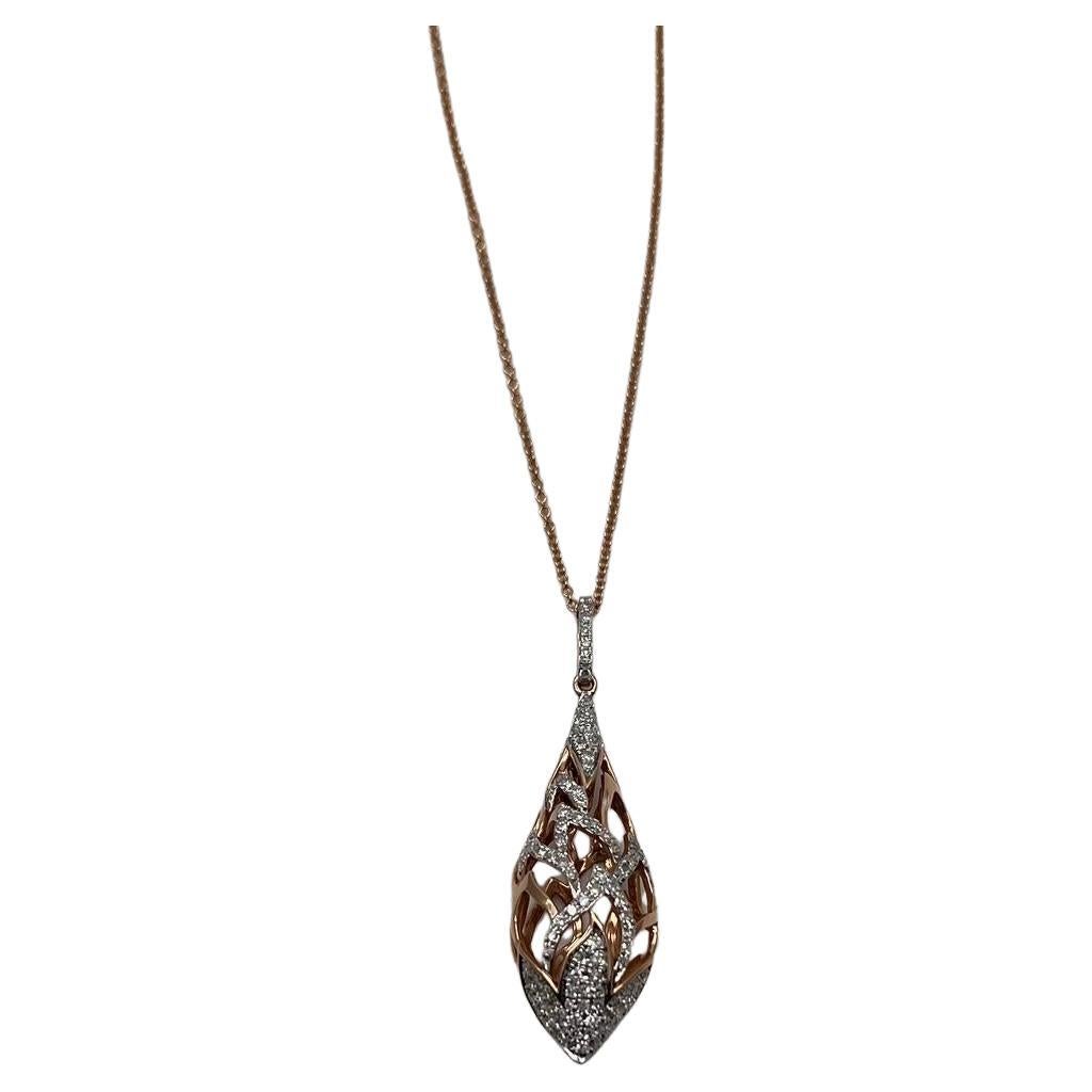 Elegant Diamond Pave Leaf Leaves Shell Motif 14K Rose Gold Pendant Necklace