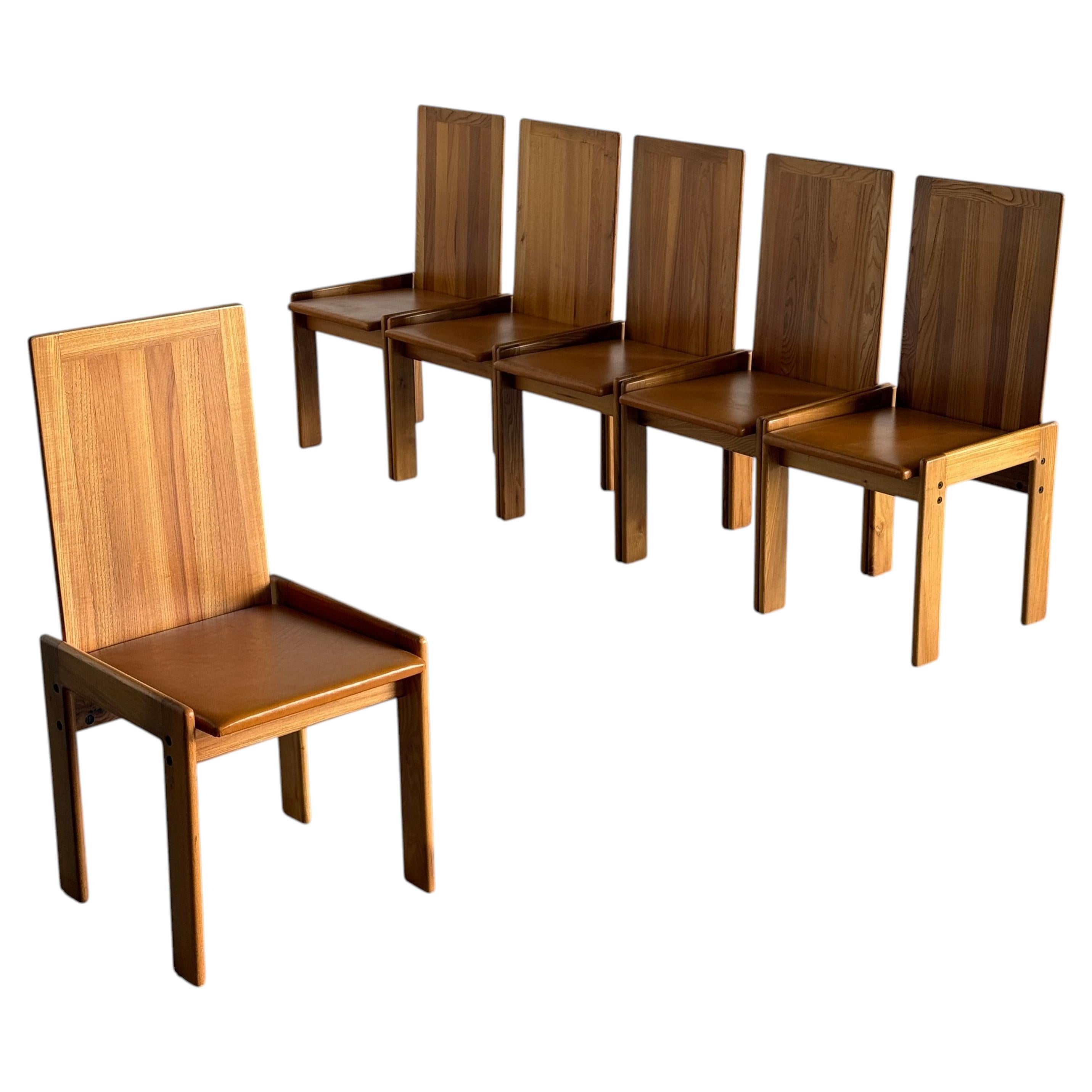 Elegant Dining Chairs in Elm and Leather For Sale