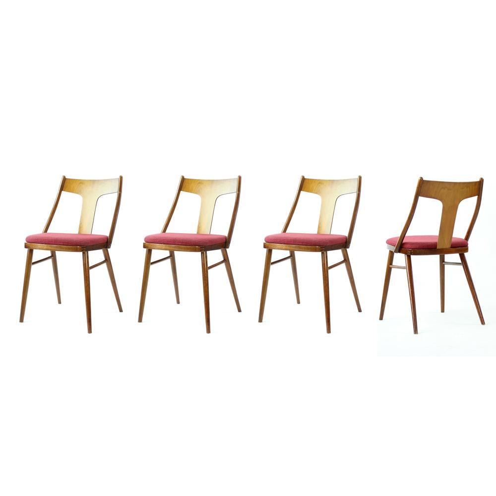 Elegant Dining Chairs In Wood And Pink Upholstery, Czechoslovakia 1960s, Set Of For Sale 7