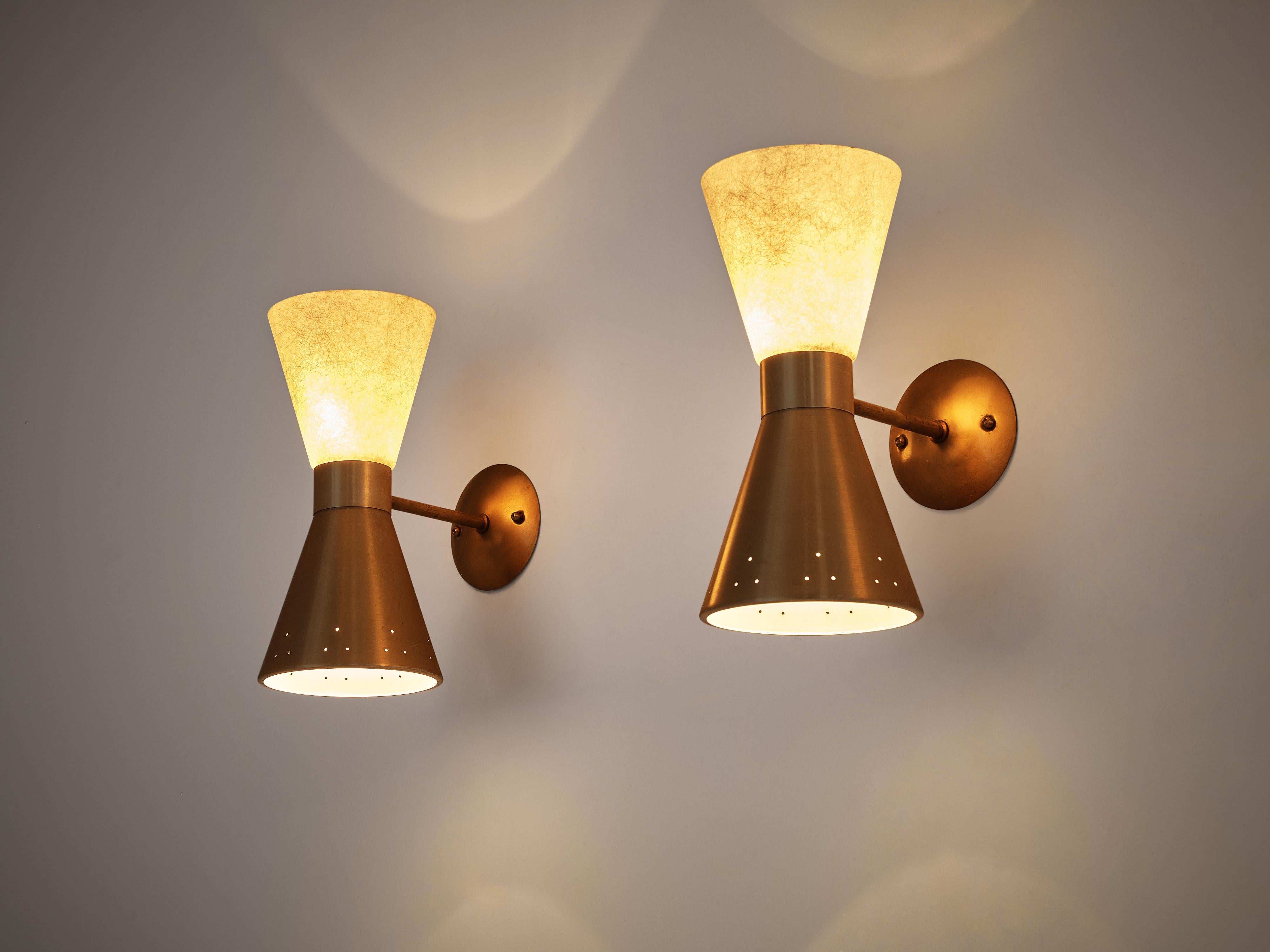 Mid-Century Modern Elegant Double-Cone Wall Lights in Brass and Fiberglass